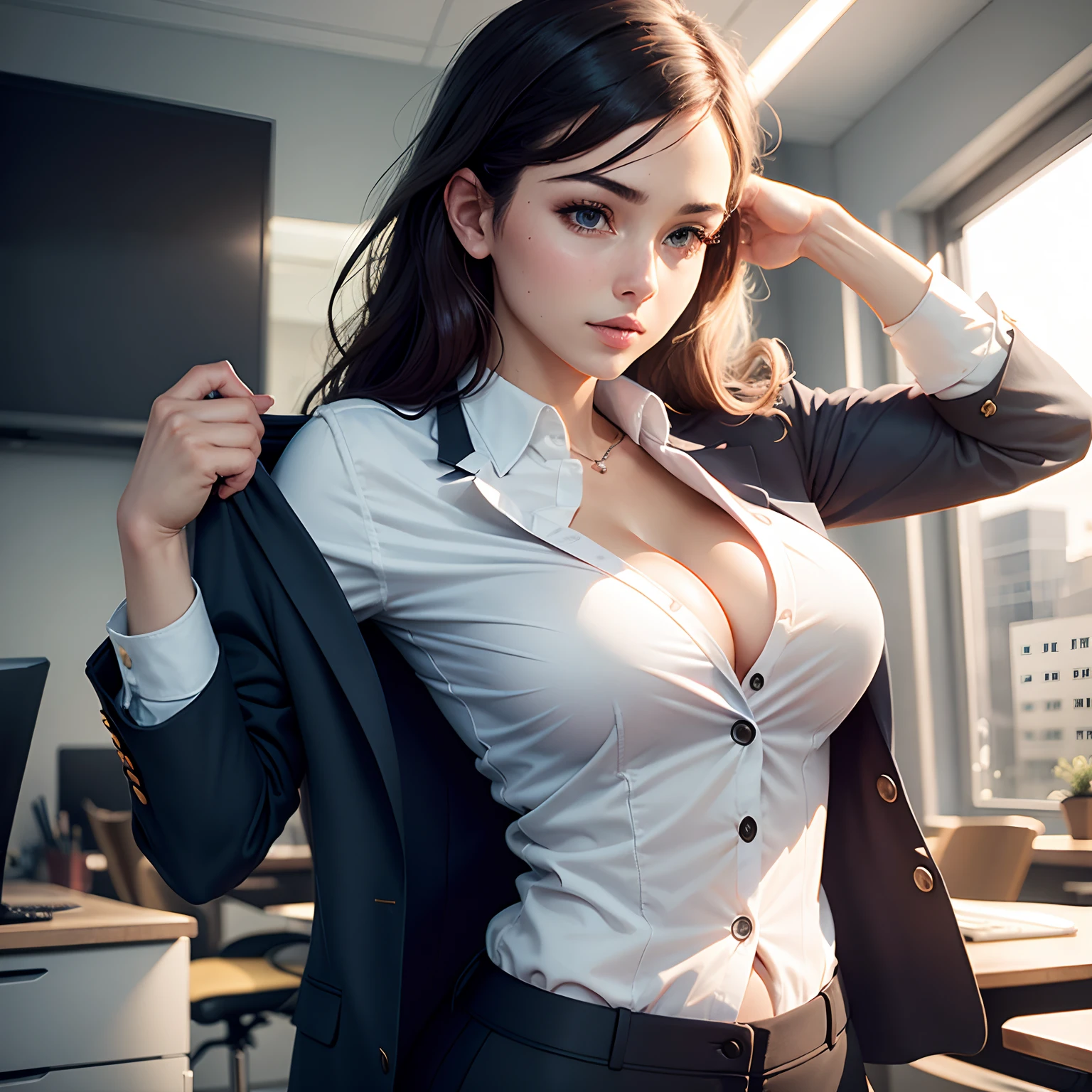 A woman taking off her blazer at work