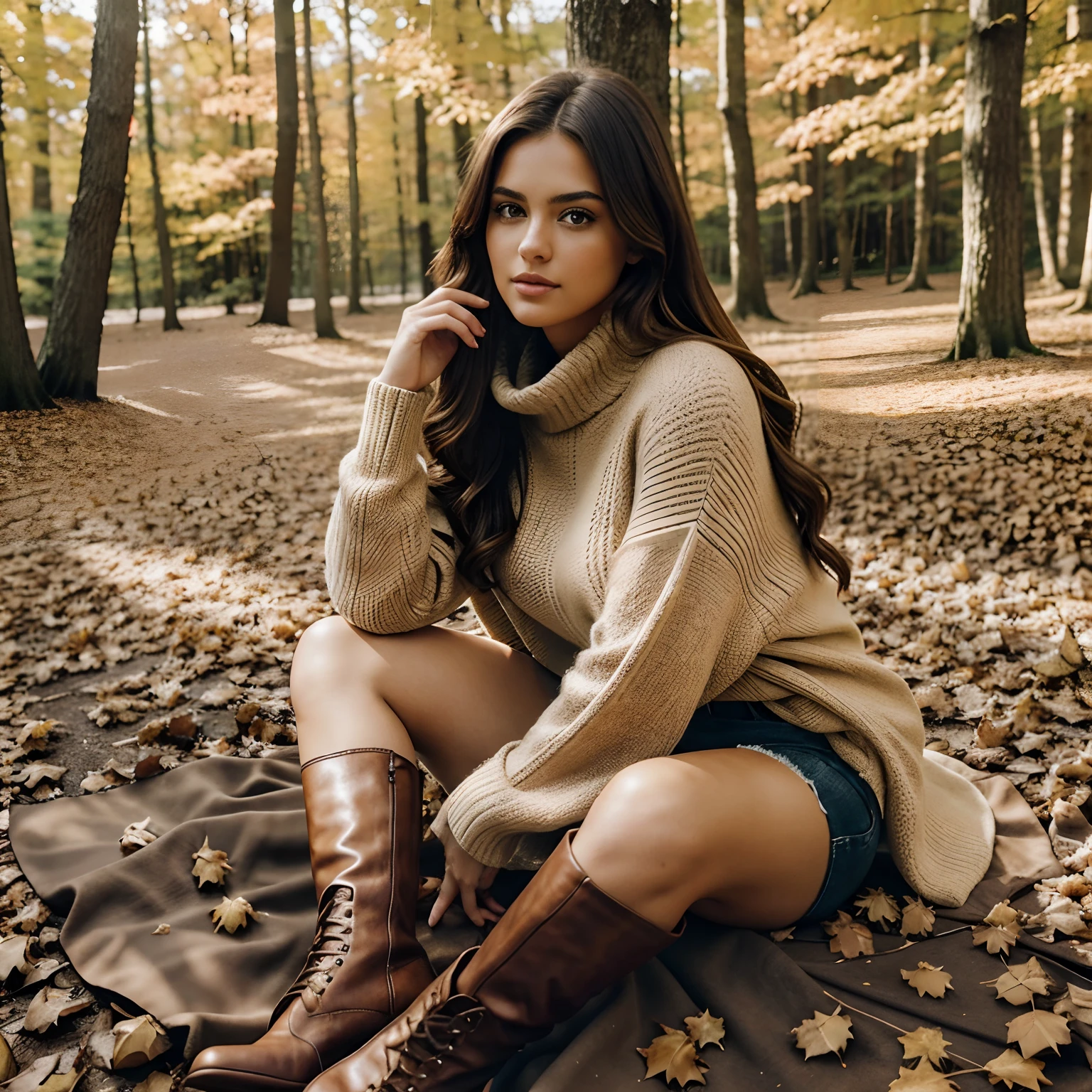 Generate full body photography of Autumn, the stunning brunette influencer. She should appear in her mid-20s, approximately 5'4" tall, with long, wavy chestnut hair that falls gracefully on her shoulders. She has an athletic hourglass figure accentuated by her full bust. Her complexion should be flawless, with a warm, sun-kissed tan. Autumn's expressive brown eyes should radiate charisma, and she should have a relaxed and confident demeanor. Outfit her in a cozy ensemble, including an oversized cable-knit sweater in rich autumnal hues, snug-fitting jeans that highlight her curves, and knee-high leather boots with warm socks peeking out. Place Autumn in a serene, sunlit forest clearing during the peak of fall foliage. The ground should be covered with fallen leaves in various shades of red, orange, and gold. Surround her with towering, colorful trees in the background, their leaves gently rustling in the breeze. Capture Autumn in a variety of cozy poses. She could be wrapped in a warm blanket, sipping hot cocoa from a rustic mug, sitting cross-legged on a blanket among the fallen leaves, or leaning against a tree, gazing contemplatively into the distance.Enhance the scene with intense makeup that accentuates her features, especially her eyes. Ensure symmetrical eyes and face. Employ photorealistic techniques, including path tracing, specular lighting, volumetric face light, path traced hair, visible shadows, intricate details, and elaborate, hyper-realistic rendering.