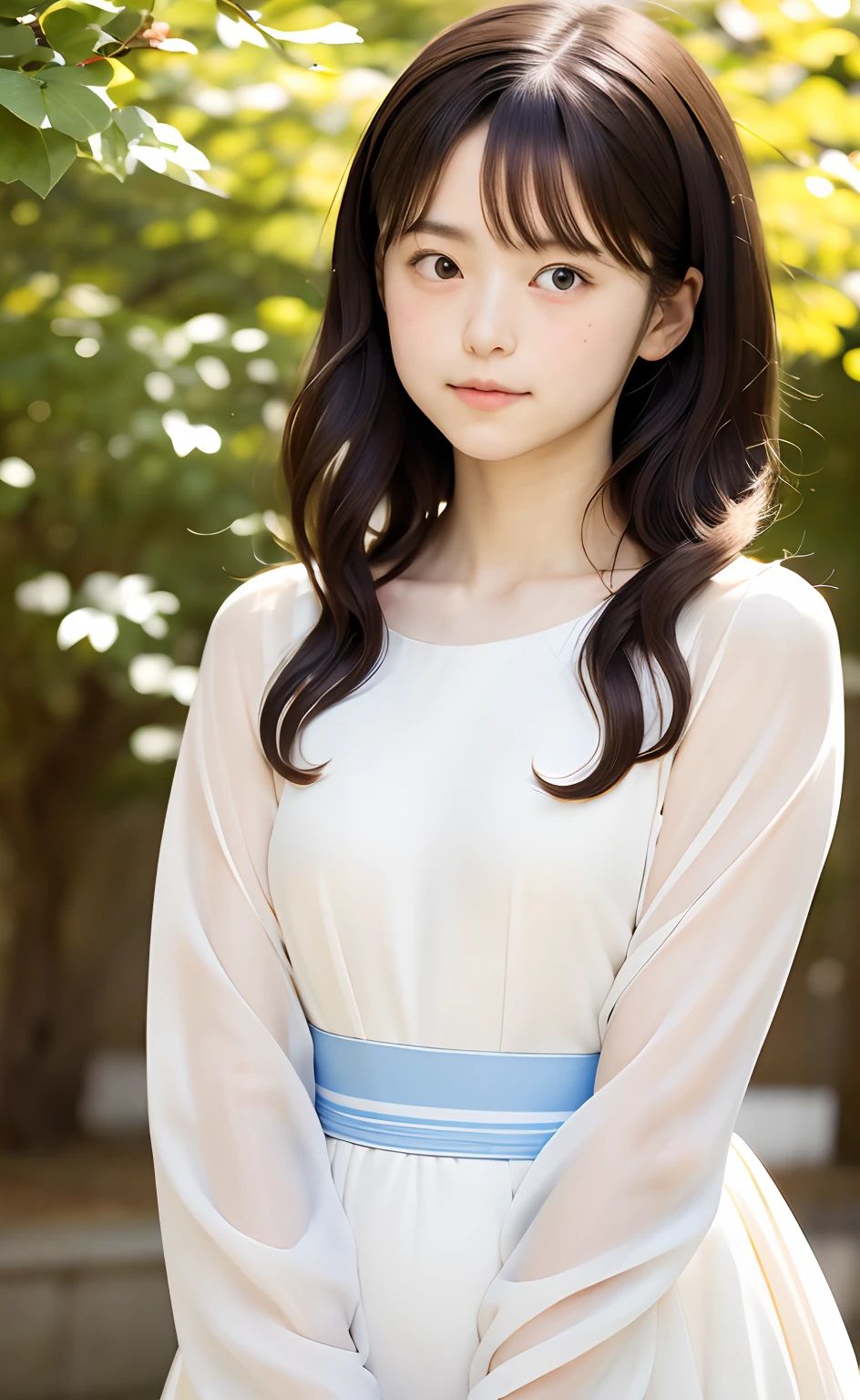 masutepiece:1.2, High quality, Best Quality, High resolution, Detailed, Hyper realistic, girl with, the neck is a little long、15yo student、Natural perm、curly hairstyle、 White cute dress、Blue eyes, Head tilt, Sunset, a park、Colored leaves,Ginkgo tree、 Portrait, (Detailed face), ((Sharp Focus)), ((Face)), The upper part of the body_Body、(((The background is not visible:1.3)))