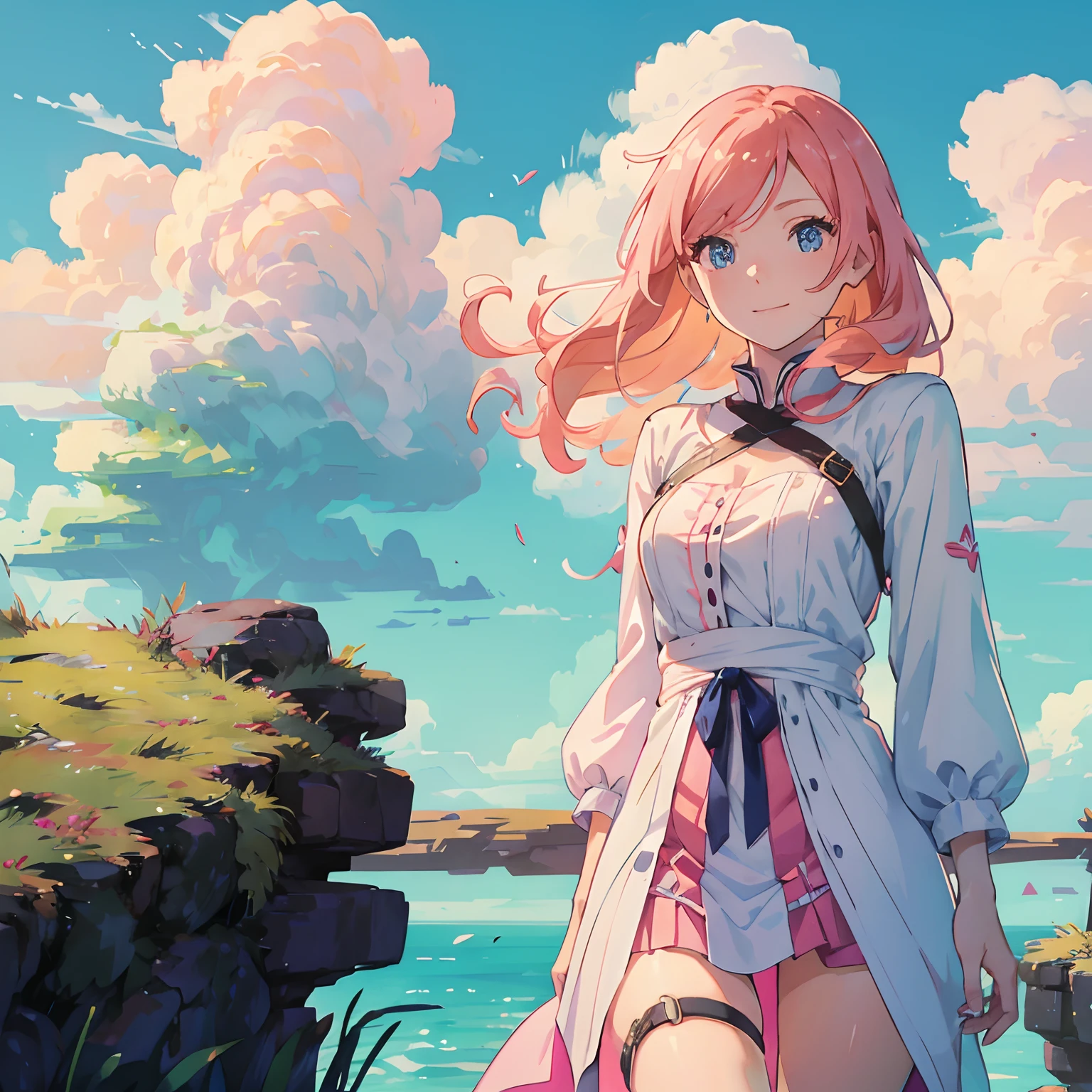 A young girl with long orange-pink hair and blue eyes, takes a selfie to post as her instagram profile picture. She is smiling at the camera, with her hair blowing in the wind. She is wearing a white dress, which she bought specifically for the occasion, and she looks stunning in it. She positions her hand next to her face in a peace sign. The blue sky reflects her eyes. She snaps a picture, with her face in full view. It's the perfect picture.