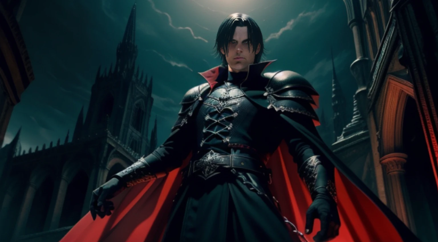 An adult vampire wizard character wearing black and red gothic armor. Seu cabelo tem com corte curto. Seus olhos colorem amarelo, Magnificent, noite, luz do luar, pegue a chave, Facial expression of anger, 8k, posicionada em cima de uma pedra elevada, olhando para frente, Sanctuary, Gothic city, descendo as escadas olhando de cima, personagem masculino, poderoso, extremamente detalhado