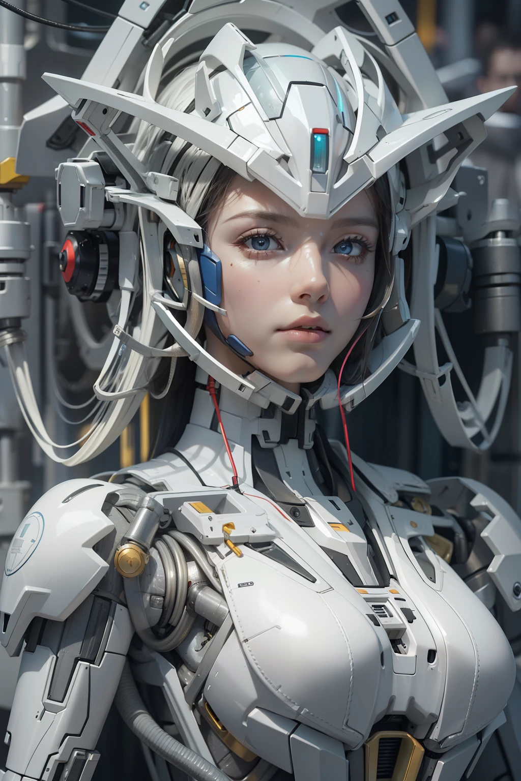 (GUNPLA:1.2) irene1, Sitting, complex 3d render ultra detailed of a beautiful porcelain profile woman android face, Cyborg, cyborg robot parts, 150 mm, Beautiful studio soft light, rim-light, vibrant detail, Luxurious cyberpunk, Lace, Hyperrealistic, anatomically, face muscles, Cable Electrical Wire, micro Chip, elegant, Beautiful background, rendering by octane, h. r. Giger style, 8K, Best quality, Masterpiece, illustration, An extremely delicate and beautiful, Extremely detailed ,CG ,Unity ,the wallpaper, (Realistic, photo-realistic:1.37),Amazing, finedetail, Masterpiece,Best quality,offcial art, Extremely detailed Cg Unity 8K wallpaper, absurderes, unbelievable Ridiculous, robot, silver halmet