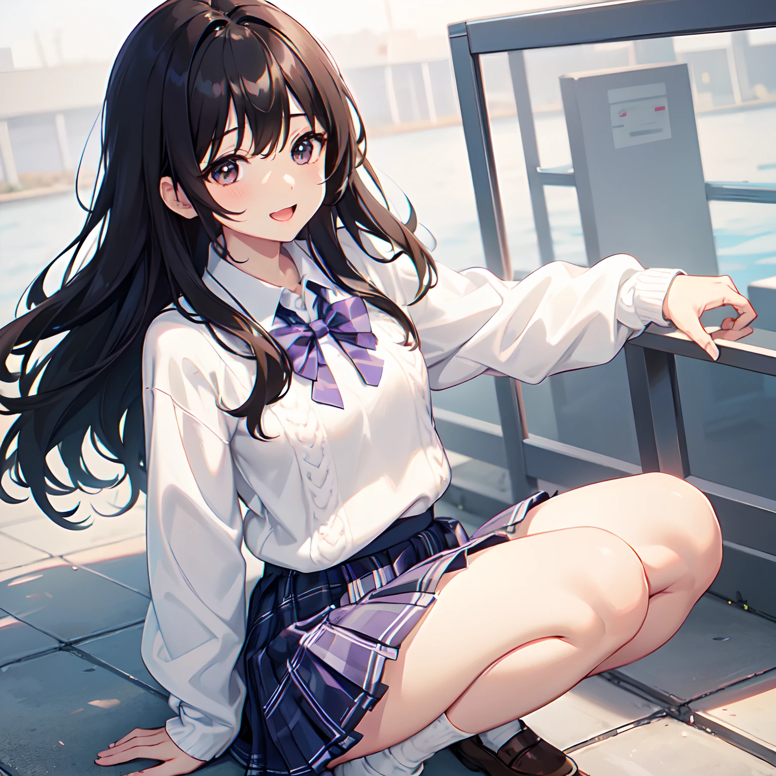 Super delicate and cute girl with black hair、a 、14years、8K Ultra High Defition, Delicate texture,Medium Hair、flat chest、Her eyes are dark purple、(School Uniforms:1.2), (wearing a light-colored knitted sweater over a white shirt,:1.3), (Plaid pleated skirt:1.3), Healthy thighs、Looks happy、open open mouth、A slight smil、crouching down、Looking at the camera、the breeze blows、Skirt Hirari