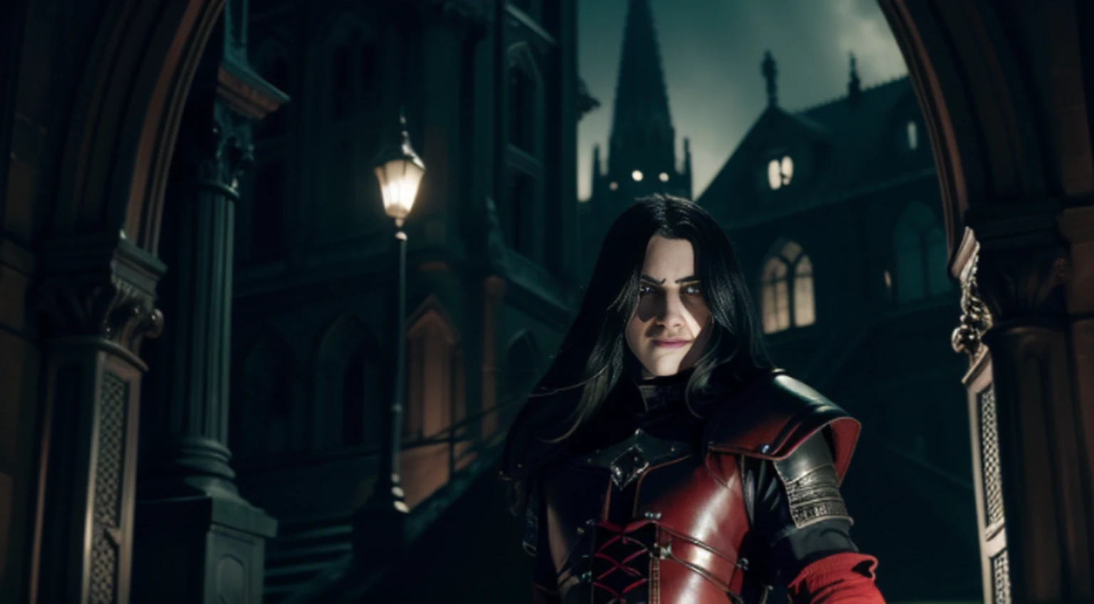 An adult vampire wizard character wearing black and red gothic armor. Seu cabelo tem com corte curto. Seus olhos colorem amarelo, Magnificent, noite, luz do luar, pegue a chave, Facial expression of anger, 8k, posicionada em cima de uma pedra elevada, olhando para frente, Sanctuary, Gothic city, descendo as escadas olhando de cima, personagem masculino, poderoso, extremamente detalhado