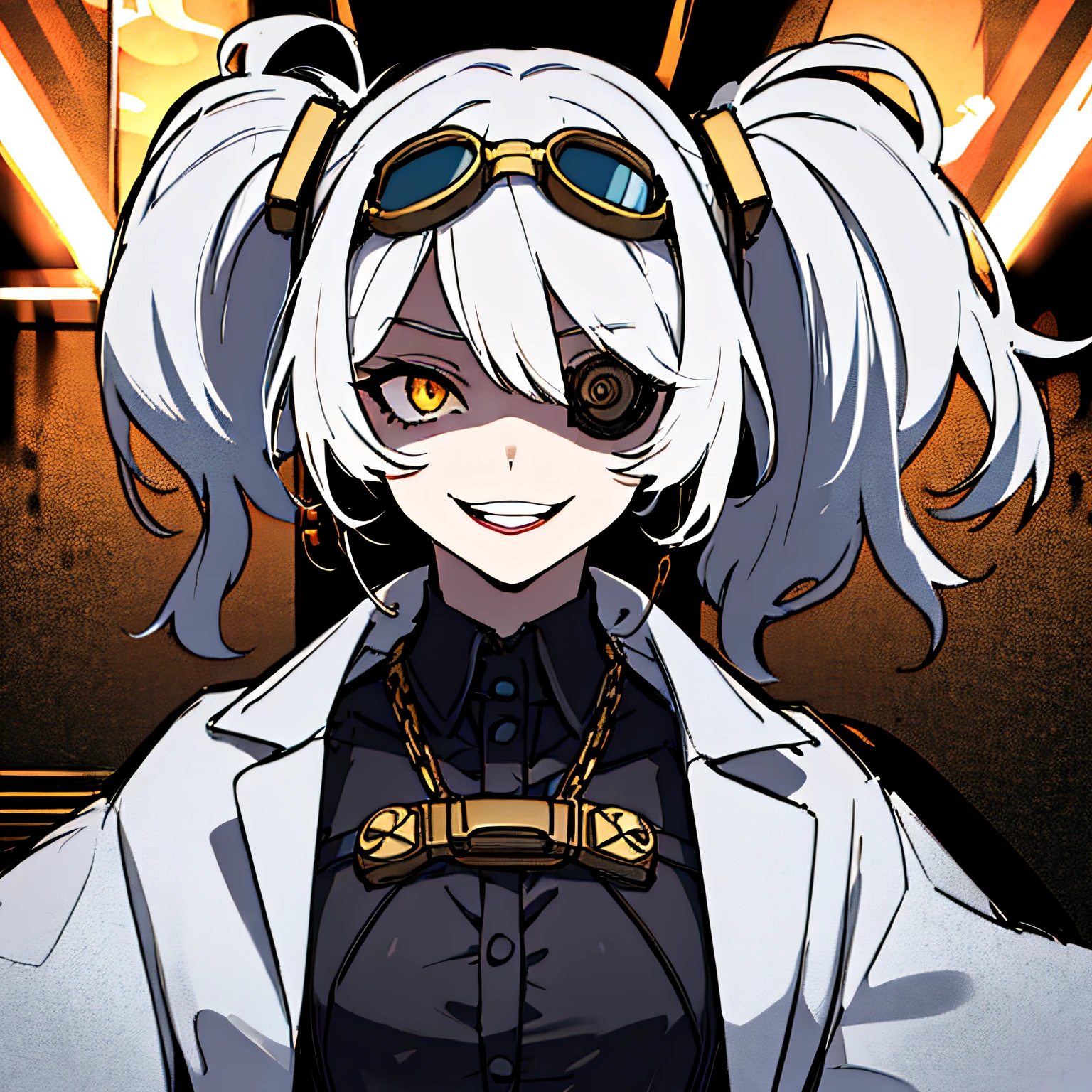 (absurdres, 8k, 4k, masterpiece, hyper extreme detailed:1.2), solo, 1girl, front view, perfect face, 1girl, portrait, expressive eyes, solo, standing, Female, girl with goggles and a chain around her neck, cyber goggles, victorian goggles, round goggles, goggles, cyberpunk monocle!, goggle eyes, steampunk googles, steampunk goggles, wearing victorian brass goggles, weak, female, small breasts, pale, cream colored hair, long hair, gold eyes, swept bangs, slim, slender, intelligent, genius, mad scientist, twin tails, Inventor, confident, perfect anatomy, futuristic, fingerless gloves, chest harness, pervert, half body, lab coat, belts, crazy face, crazy eyes, crazy smile, 1girl, futuristic, labcoat, white hair, mature, adult, attractive, skirt, hologram, monocle, wide smile, jovial, poofy twin tails, big hair, tesla coil, evil. criminal, shaded face, shadow over eyes, insane, scary, menacing, malicious, shadows, nighttime, experiment,
