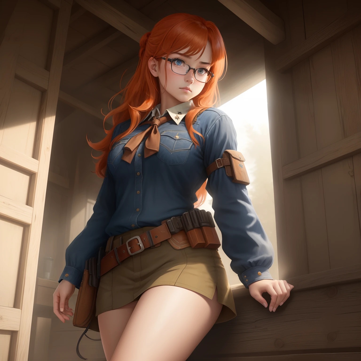 8k, masterpiece, best quality, realistic, higly detailed, cowboy shot, 1girl, solo, itsuki, serious looking girl, medium-length hair, expressive ahoge, reddish-orange hair, a pair of star-shaped hairpins near both of her eyes, dark blue eyes, average height, well-endowed figure, glasses, cute, call of duty