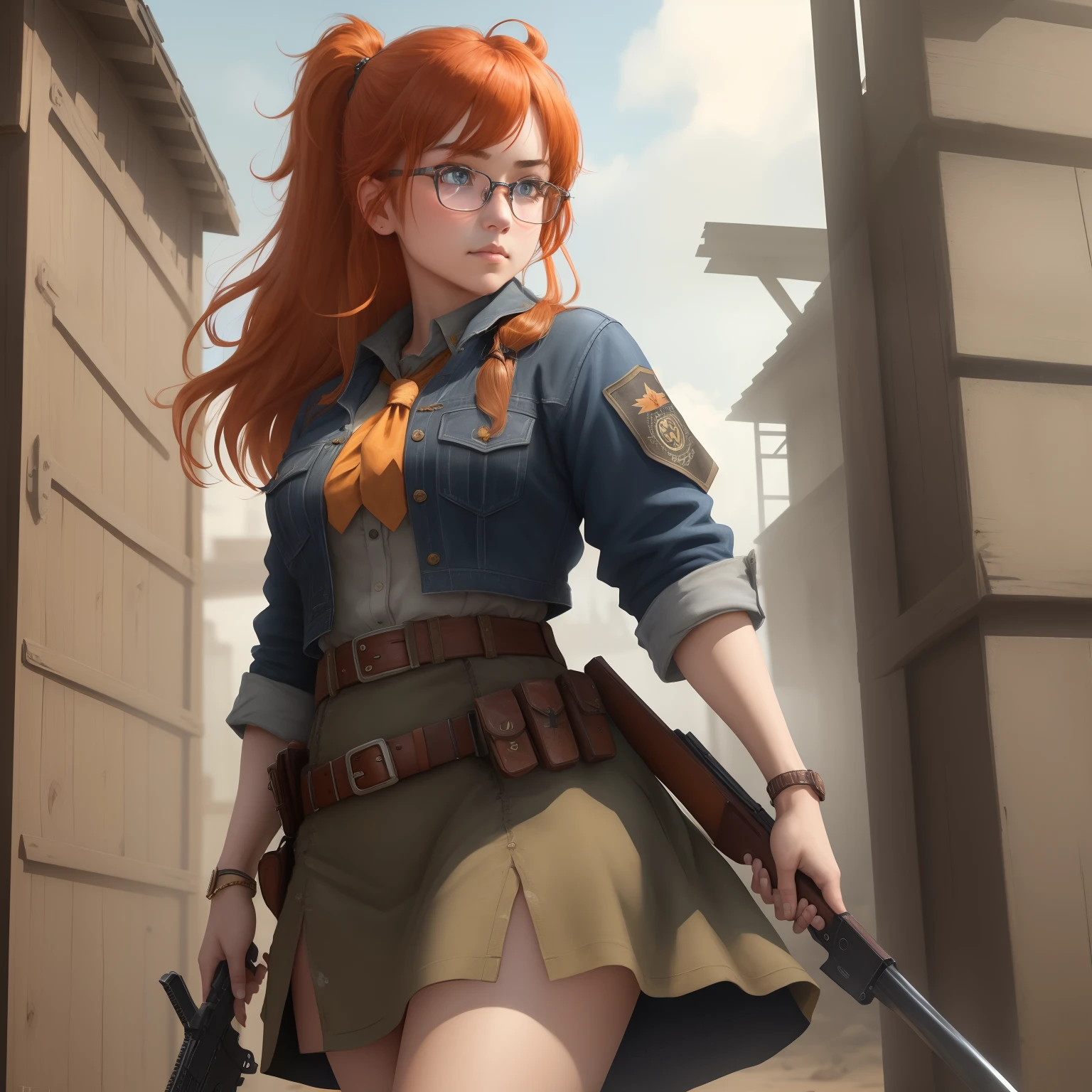 8k, masterpiece, best quality, realistic, higly detailed, cowboy shot, 1girl, solo, itsuki, serious looking girl, medium-length hair, expressive ahoge, reddish-orange hair, a pair of star-shaped hairpins near both of her eyes, dark blue eyes, average height, well-endowed figure, glasses, cute, call of duty
