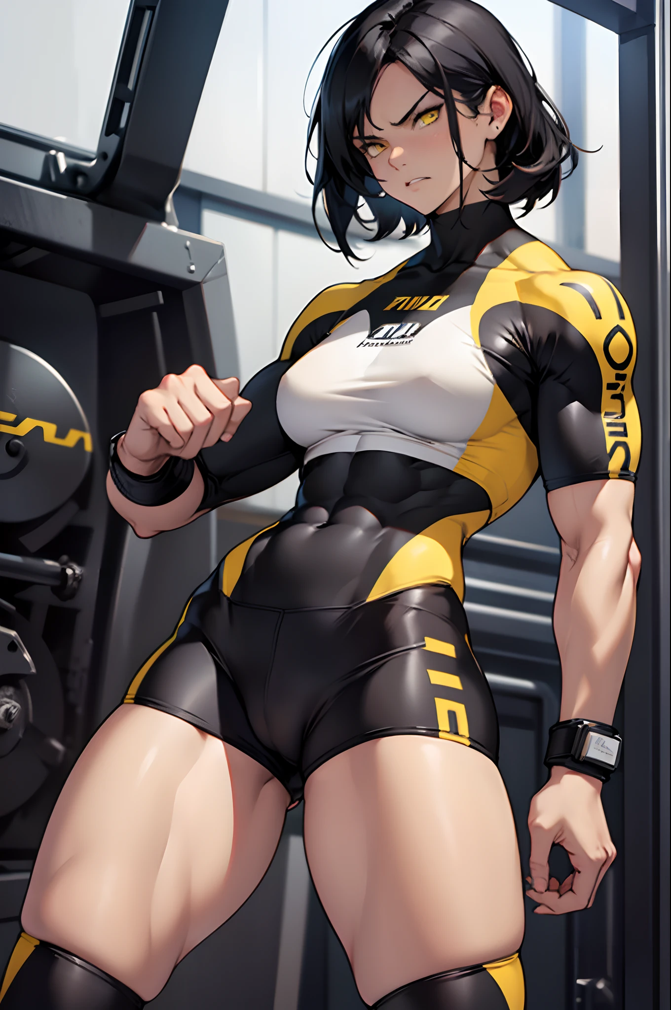 ((muscular)), (thick thighs, small breasts, tight clothes, toned body, 1 girl), black hair, pale skin, yellow eyes, angry, pussy mound