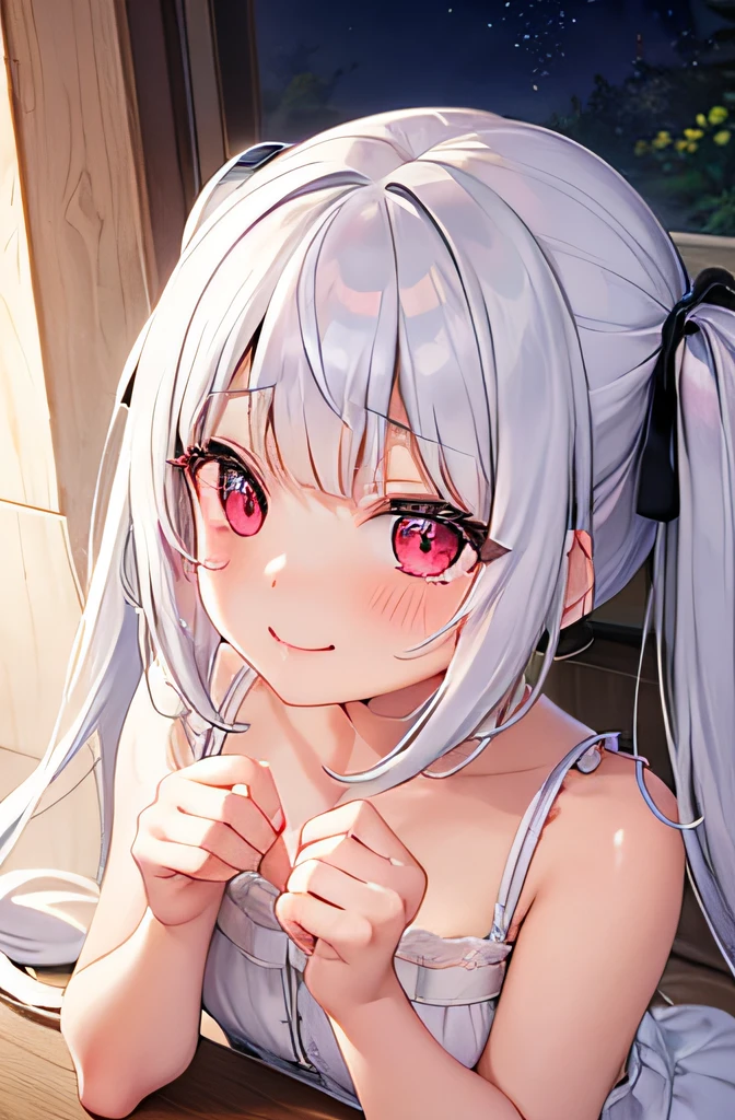 The upper part of the body_Body, focus on girl, fatness, girl, ,child,ars ol wept bangs, Twin-tailed, White hair, Shiny hair, Seductive smile, Beautiful detailed eyes, Red Eyes, White dress, Night,No text