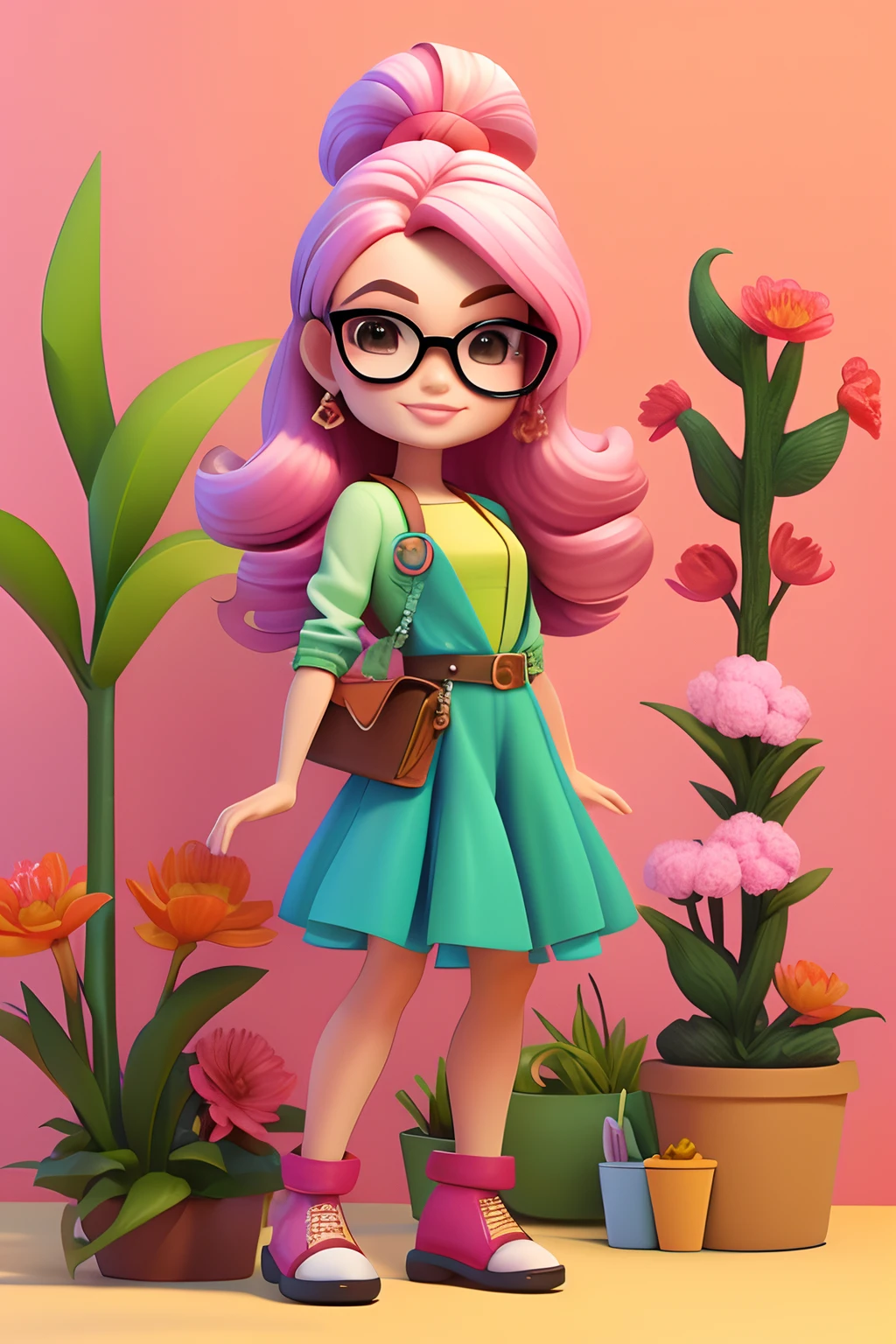3DCHARACTER, 1 menina, mulher adulta, sardas, hazelnut eyes, Frohawk, Jammers, (corpo inteiro: 1.2), fundo simples, obra-prima, melhor qualidade, (fundo de gradiente) cabelos red Feliz, pastel hues, Estilo barbie. eyeglass, cabelos soltos vermelho claro, Gardener style