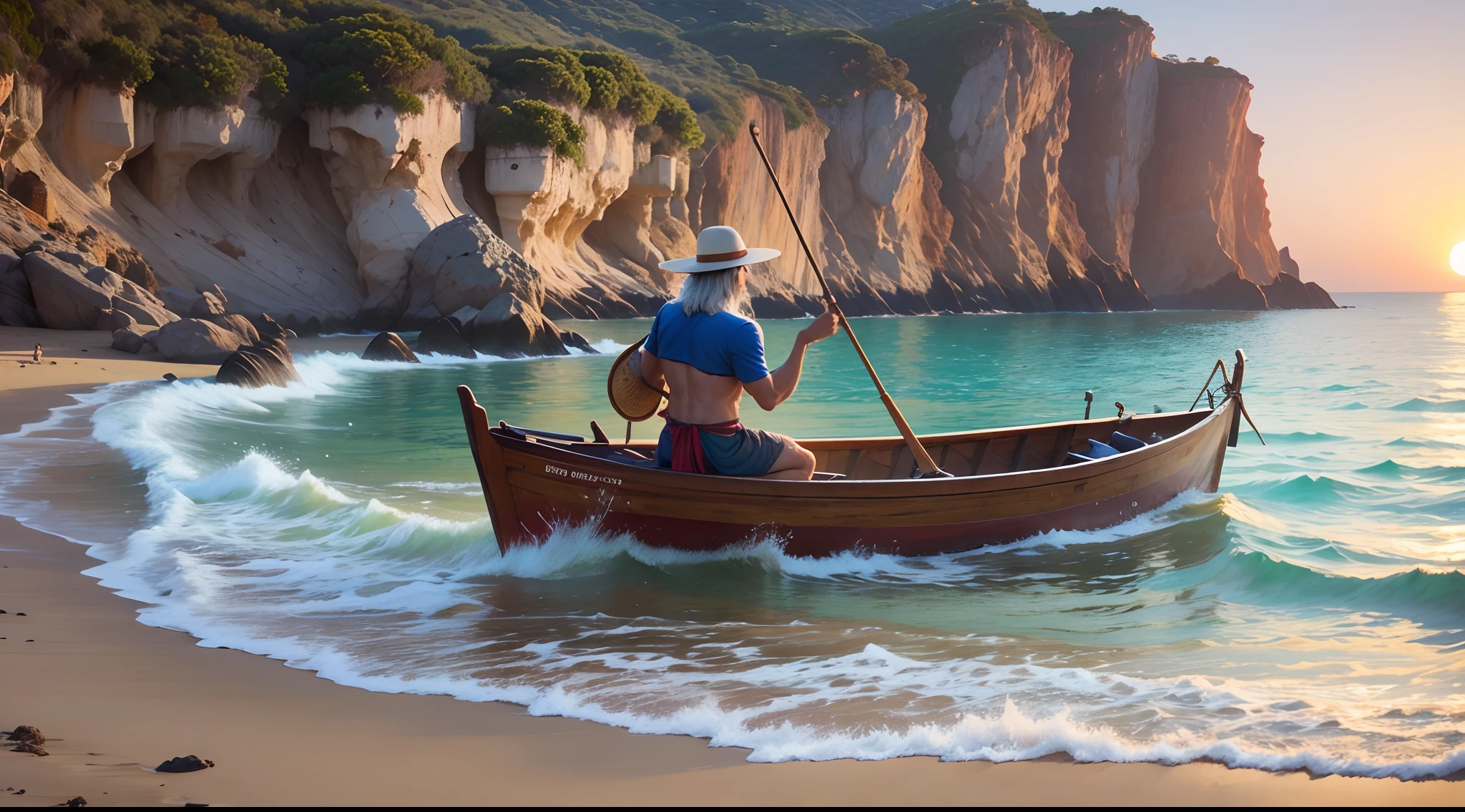 homem oriental, forte, cabelos curtos e escuros tocando flauta na beira do mar com pescadores e canoas e um lindo por do sol