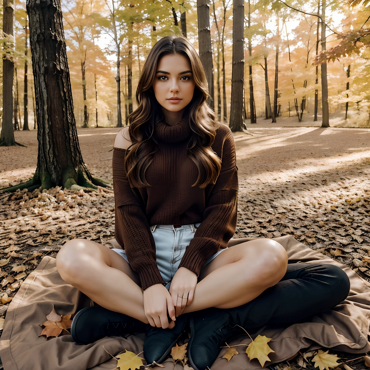 Generate full body photography of Autumn, the stunning brunette influencer. She should appear in her mid-20s, approximately 5'4" tall, with long, wavy chestnut hair that falls gracefully on her shoulders. She has an athletic hourglass figure accentuated by her full bust. Her complexion should be flawless, with a warm, sun-kissed tan. Autumn's expressive brown eyes should radiate charisma, and she should have a relaxed and confident demeanor. Outfit her in a cozy ensemble, including an oversized cable-knit sweater in rich autumnal hues, snug-fitting jeans that highlight her curves, and knee-high leather boots with warm socks peeking out. Place Autumn in a serene, sunlit forest clearing during the peak of fall foliage. The ground should be covered with fallen leaves in various shades of red, orange, and gold. Surround her with towering, colorful trees in the background, their leaves gently rustling in the breeze. Capture Autumn in a variety of cozy poses. She could be wrapped in a warm blanket, sipping hot cocoa from a rustic mug, sitting cross-legged on a blanket among the fallen leaves, or leaning against a tree, gazing contemplatively into the distance.Enhance the scene with intense makeup that accentuates her features, especially her eyes. Ensure symmetrical eyes and face. Employ photorealistic techniques, including path tracing, specular lighting, volumetric face light, path traced hair, visible shadows, intricate details, and elaborate, hyper-realistic rendering.