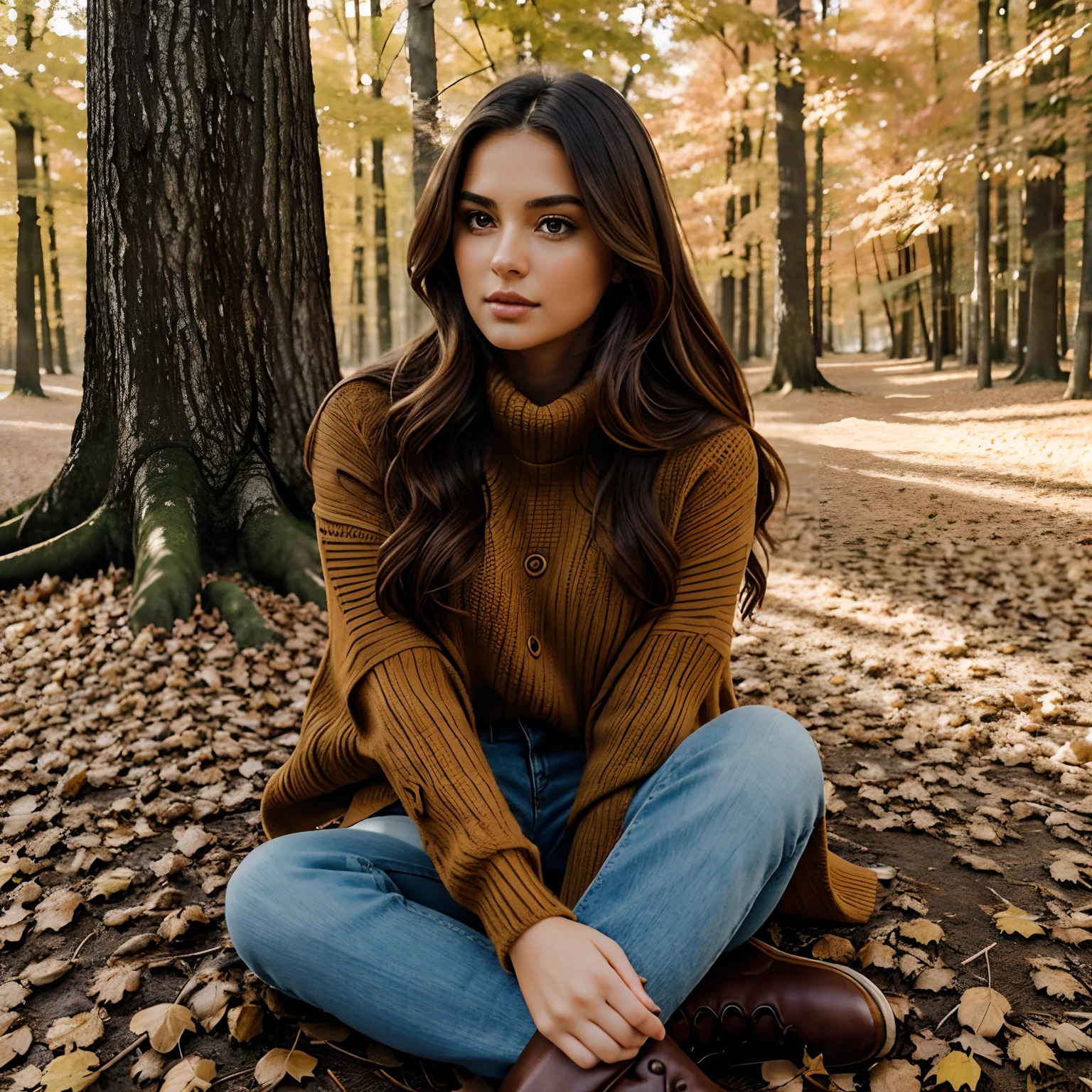Generate full body photography of Autumn, the stunning brunette influencer. She should appear in her mid-20s, approximately 5'4" tall, with long, wavy chestnut hair that falls gracefully on her shoulders. She has an athletic hourglass figure accentuated by her full bust. Her complexion should be flawless, with a warm, sun-kissed tan. Autumn's expressive brown eyes should radiate charisma, and she should have a relaxed and confident demeanor. Outfit her in a cozy ensemble, including an oversized cable-knit sweater in rich autumnal hues, snug-fitting jeans that highlight her curves, and knee-high leather boots with warm socks peeking out. Place Autumn in a serene, sunlit forest clearing during the peak of fall foliage. The ground should be covered with fallen leaves in various shades of red, orange, and gold. Surround her with towering, colorful trees in the background, their leaves gently rustling in the breeze. Capture Autumn in a variety of cozy poses. She could be wrapped in a warm blanket, sipping hot cocoa from a rustic mug, sitting cross-legged on a blanket among the fallen leaves, or leaning against a tree, gazing contemplatively into the distance.Enhance the scene with intense makeup that accentuates her features, especially her eyes. Ensure symmetrical eyes and face. Employ photorealistic techniques, including path tracing, specular lighting, volumetric face light, path traced hair, visible shadows, intricate details, and elaborate, hyper-realistic rendering.