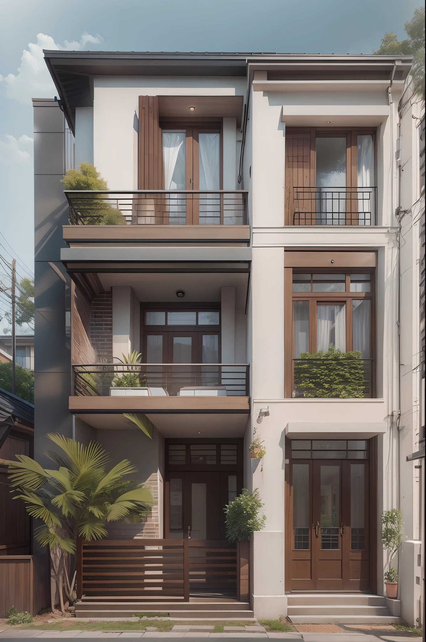 (Townhouse in city ,close houses and trees), daylight ( best quality) ((high solution)) ,(( photo realistic)) ,warm light, (sharp focus) front view of townhouse in style of modern,small house, Narrow area,VietNam,facade, curved arch,beautiful facade,curved windown,narrow and long ,two-storey,mutual colours, soft lighting, warm atmosphere,high Resolution, hyper detailed,4k ,vray render, octane render, hyper realistic, photography expert ,exterior design , professional photography, exterior photography,wide-angle shot , ultra detail , high Resolution , full frame, full body