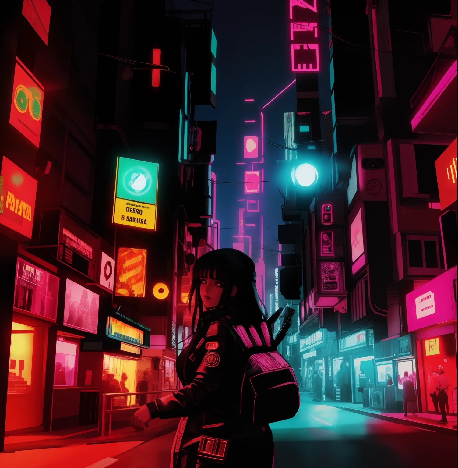 Uma garota em uma cidade: Cyberpunk, arte vibrante rica em detalhes e imagens de cinema colorido, imagem intrigante, High contrast and detail with 8K lighting