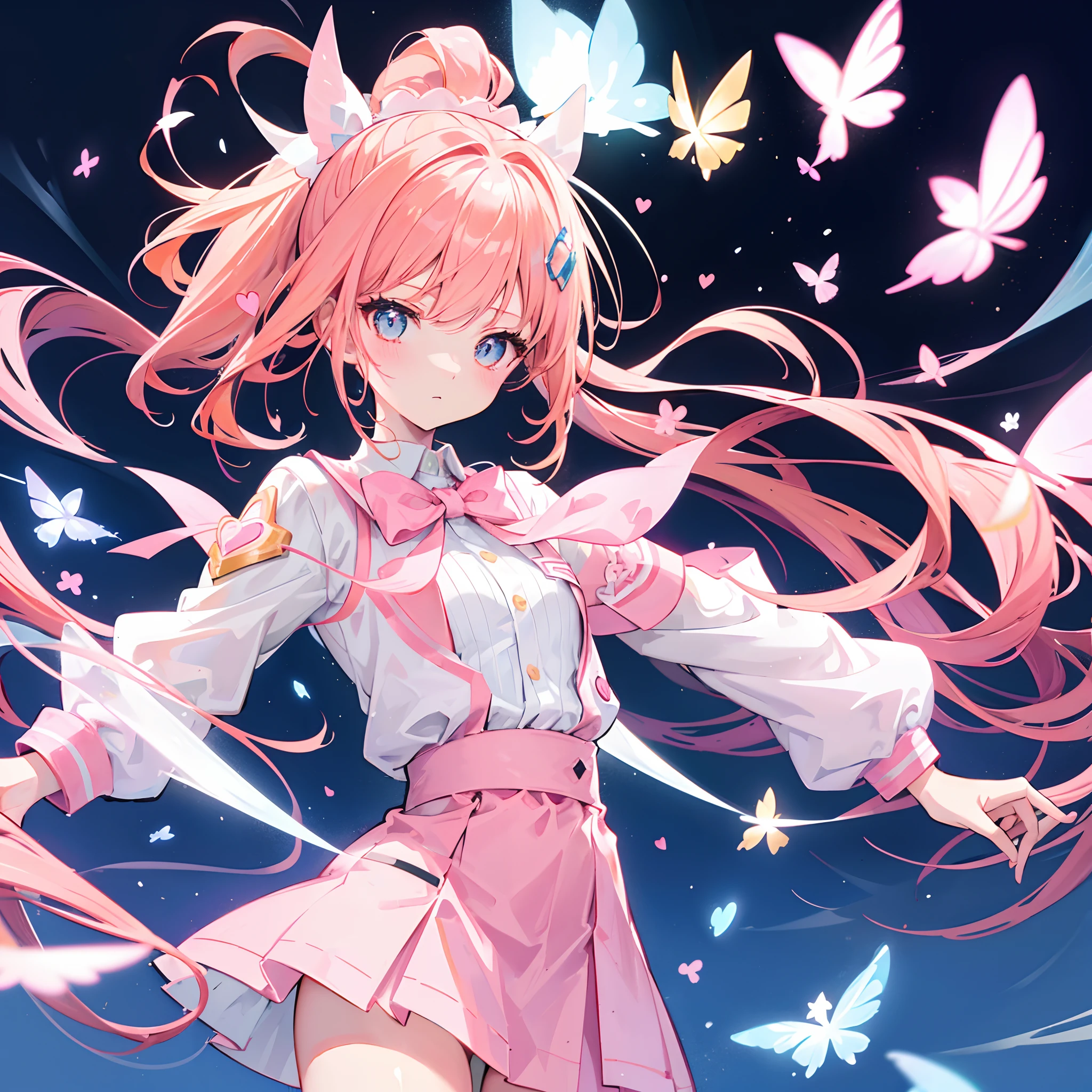 Long light orange hair，Pink bow，Fairy braids，Short pink hair，The transparency of a nurse's uniform，Wearing a milky white ultra-light pink school uniform，Light pink pupils，Super cute sweet girl pink yellow hair，High ponytail，Jacket school uniform，Slim waist, Flat chest，Sweet cute girl with slightly blue hands，White figure eight bangs，Fairies in soft clothes flutter blue and white yarn，She is a fairy-like sword repair girl，Has pink and yellow hair，High ponytail，Jacket school uniform，Slim waist, Flat chest，Sweet and cute girl