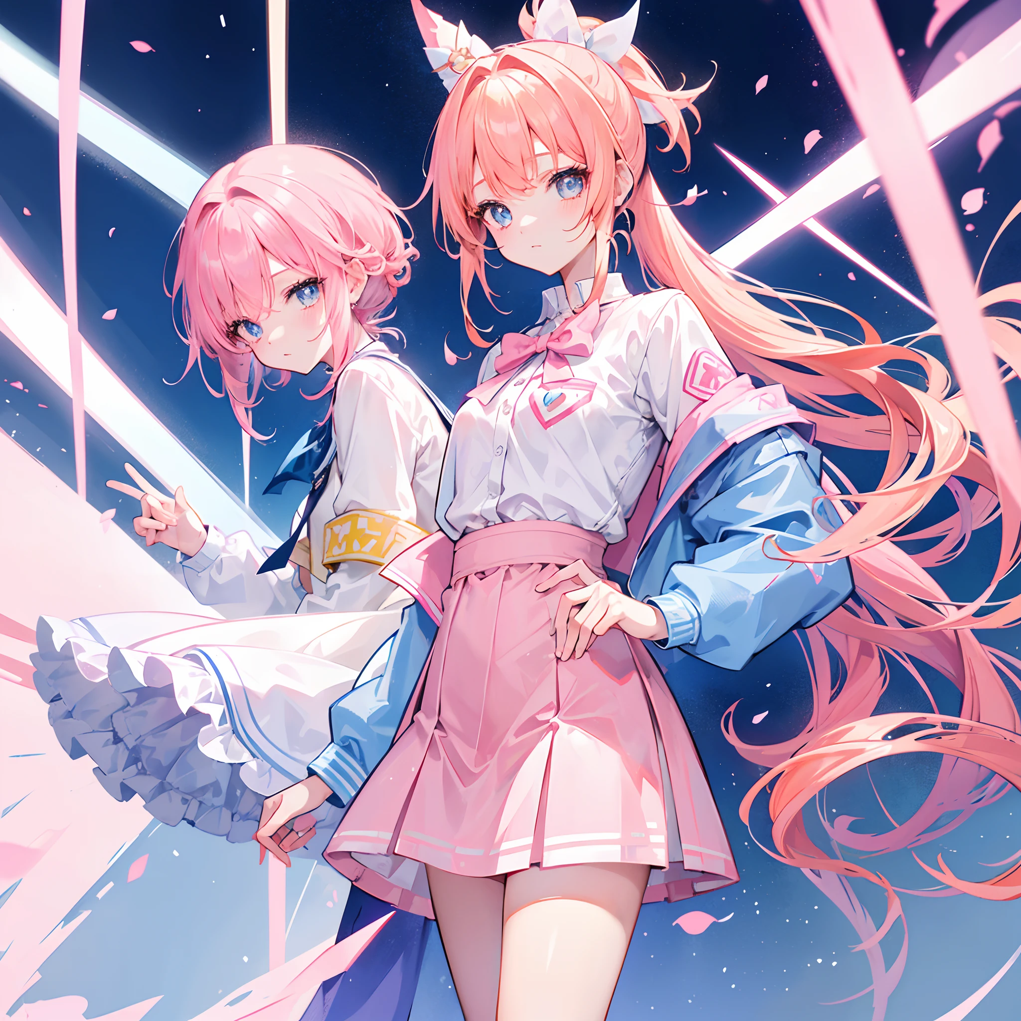 Long light orange hair,Pink bow,Fairy braids,Short pink hair,The transparency of a nurse's uniform,Wearing a milky white ultra-light pink school uniform,Light pink pupils,Super cute sweet girl pink yellow hair,High ponytail,Jacket school uniform,Slim waist, Flat chest,Sweet cute girl with slightly blue hands,White figure eight bangs,Fairies in soft clothes flutter blue and white yarn,She is a fairy-like sword repair girl,Has pink and yellow hair,High ponytail,Jacket school uniform,Slim waist, Flat chest,Sweet and cute girl