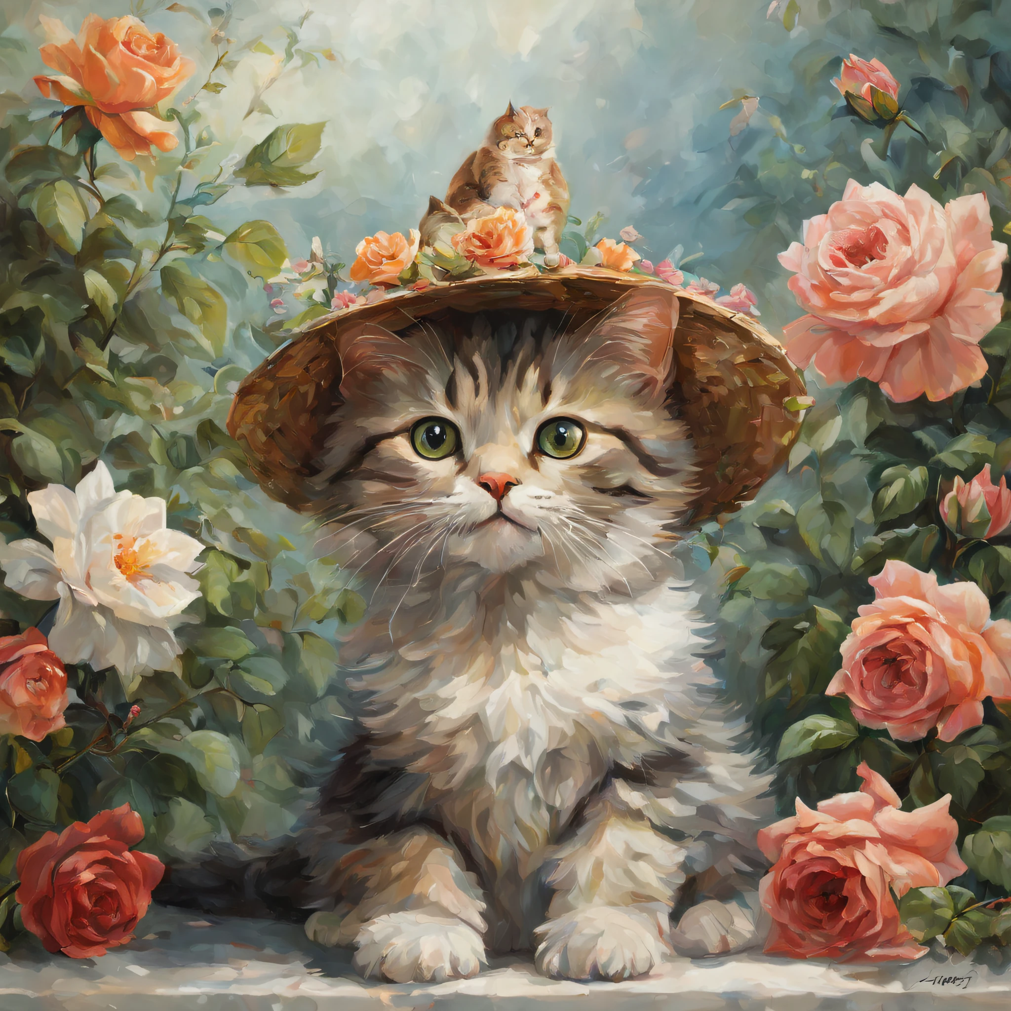 Holding a bouquet of roses on a summer morning、Alayna Lemmer-style painting of a happy anthropomorphic kitten in a fancy hat surrounded by pretty flowers Rest  (Professional Painting, Dynamic Pose, dynamic compositions, Dynamic lighting, Realistic proportions, ighly detailed, Intricate details, nffsw, Ray traching, ultra-detailliert, highly detailed atmosphere, extremely detailed texture)