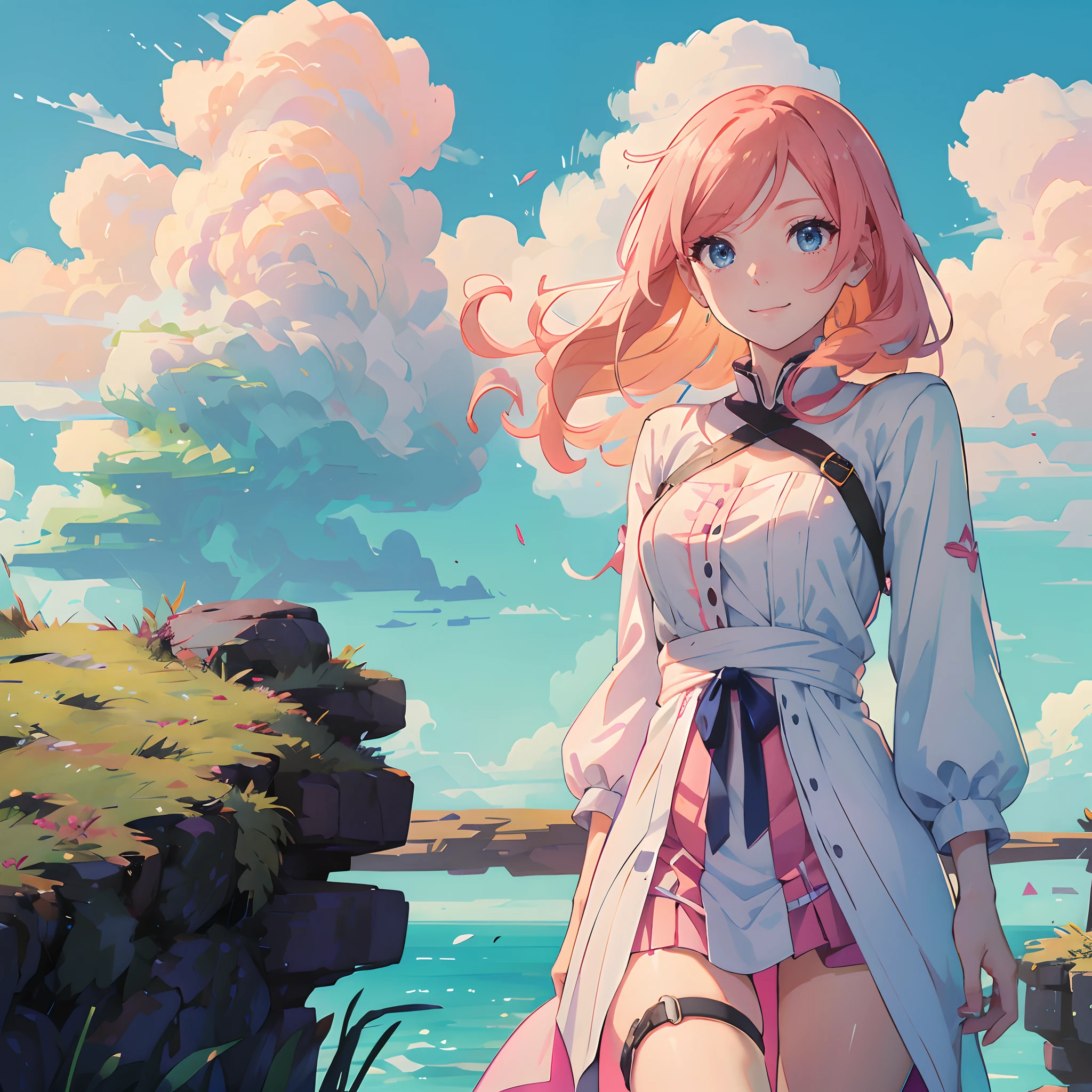 A young girl with long orange-pink hair and blue eyes, takes a selfie to post as her instagram profile picture. She is smiling at the camera, with her hair blowing in the wind. She is wearing a white dress, which she bought specifically for the occasion, and she looks stunning in it. She positions her hand next to her face in a peace sign. The blue sky reflects her eyes. She snaps a picture, with her face in full view. It's the perfect picture. close up on her face