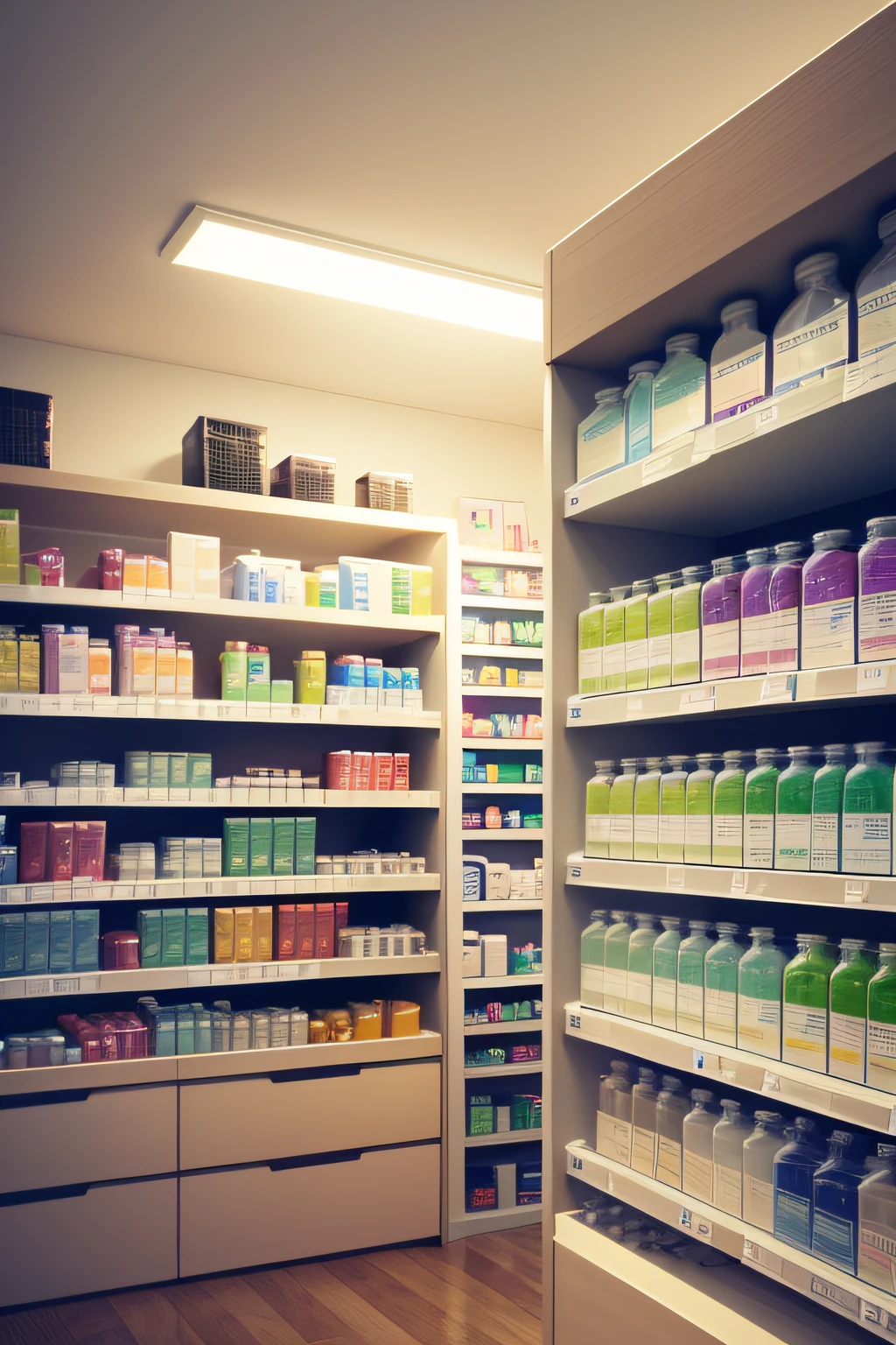 shelves of a pharmacy with different colored bottles of medications and supplements, realistic.