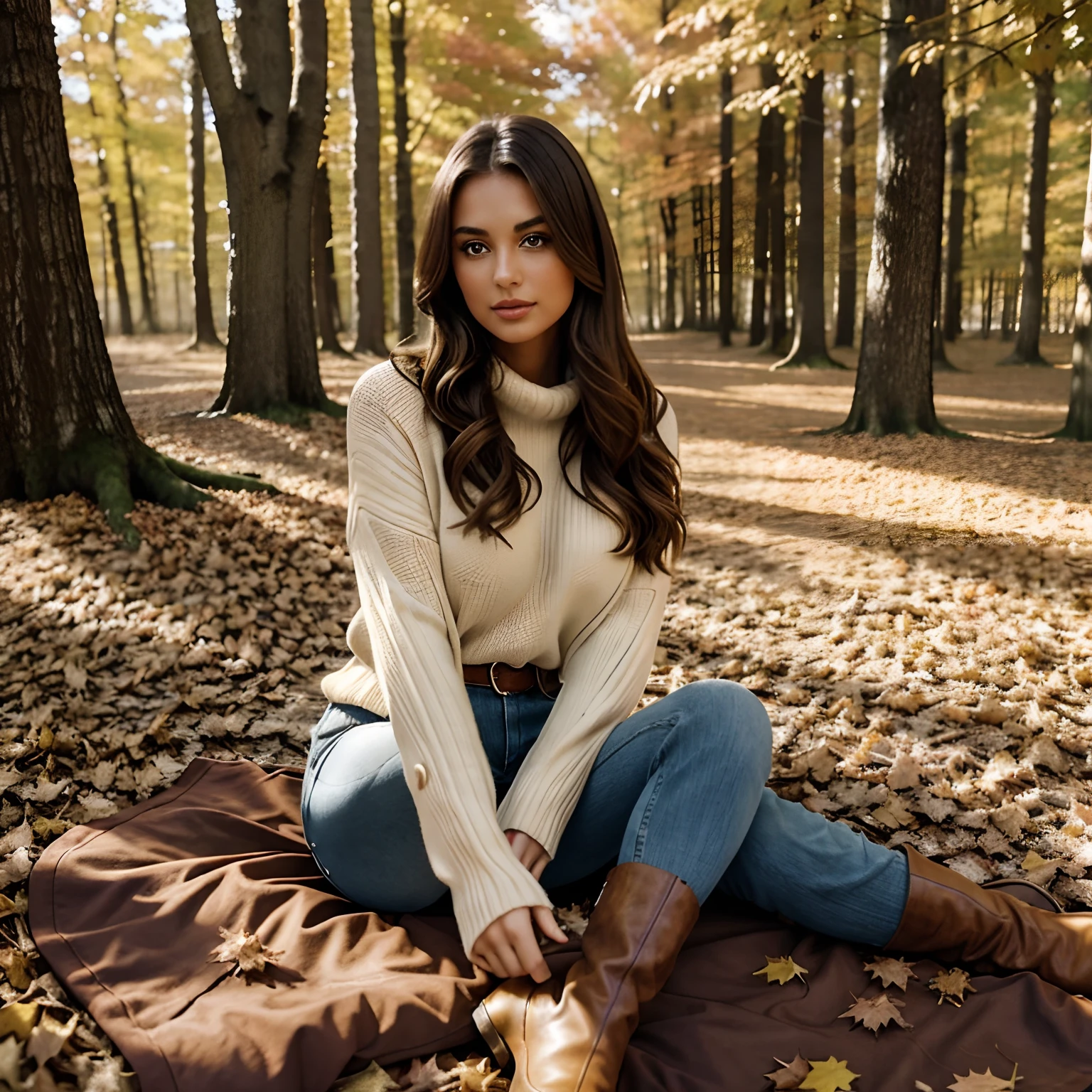 Generate full body photography of Autumn, the stunning brunette influencer. She should appear in her mid-20s, approximately 5'4" tall, with long, wavy chestnut hair that falls gracefully on her shoulders. She has an athletic hourglass figure accentuated by her full bust. Her complexion should be flawless, with a warm, sun-kissed tan. Autumn's expressive brown eyes should radiate charisma, and she should have a relaxed and confident demeanor. Outfit her in a cozy ensemble, including an oversized cable-knit sweater in rich autumnal hues, snug-fitting jeans that highlight her curves, and knee-high leather boots with warm socks peeking out. Place Autumn in a serene, sunlit forest clearing during the peak of fall foliage. The ground should be covered with fallen leaves in various shades of red, orange, and gold. Surround her with towering, colorful trees in the background, their leaves gently rustling in the breeze. Capture Autumn in a variety of cozy poses. She could be wrapped in a warm blanket, sipping hot cocoa from a rustic mug, sitting cross-legged on a blanket among the fallen leaves, or leaning against a tree, gazing contemplatively into the distance.Enhance the scene with intense makeup that accentuates her features, especially her eyes. Ensure symmetrical eyes and face. Employ photorealistic techniques, including path tracing, specular lighting, volumetric face light, path traced hair, visible shadows, intricate details, and elaborate, hyper-realistic rendering.