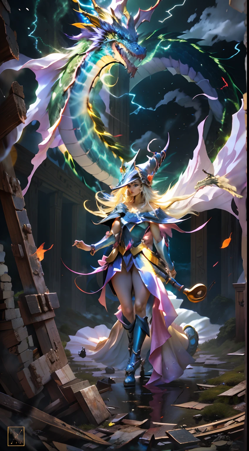 The White Dragon soared into the air(Dark Magician Girl manipulates the dragon:1.3),(The dark wizard girl has her back to the camera:1.3),Las nubes del cielo rodean los alrededores,magia de luz,fantastic background,Significado de fondo,Ridiculous background,There are artistic overlays,cabello rubio, surrealismo, cinematic lighting, Trazado de rayos, Luz de Dios, Speed Line, view angle, hiper HD, obra maestra, La mejor calidad, Super detail, A high resolution, alta calidad,(vista lejana:1.3)Dark Mage Dragon Magic