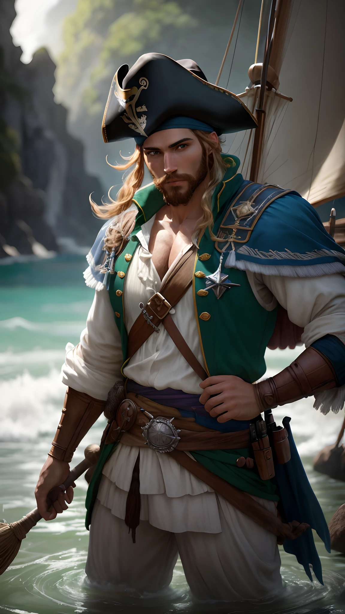 homem pirata, cabelo ruivo, barba ruiva, olhos verdes, roupa pirata azul bonita, fotografia, soft-lighting, detalhes suaves, octana, Artstation Trend, ultra alto detalhe, Ultra realista, cinemactic, 16k, magical effects of water
