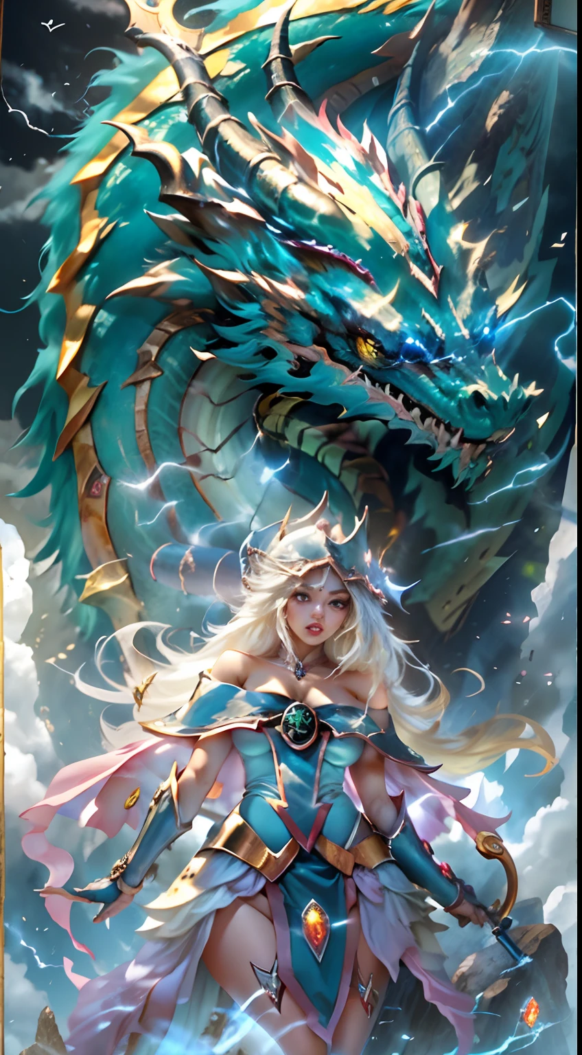 The White Dragon soared into the air（Dark Magician Girl manipulates the dragon：1.3），（The dark wizard girl has her back to the camera：1.3），Las nubes del cielo rodean los alrededores，magia de luz，fantastic background，Significado de fondo，Ridiculous background，There are artistic overlays，cabello rubio, surrealismo, cinematic lighting, Trazado de rayos, Luz de Dios, Speed Line, view angle, hiper HD, obra maestra, La mejor calidad, Super detail, A high resolution, alta calidad，（vista lejana：1.3）Dark Mage Dragon Magic