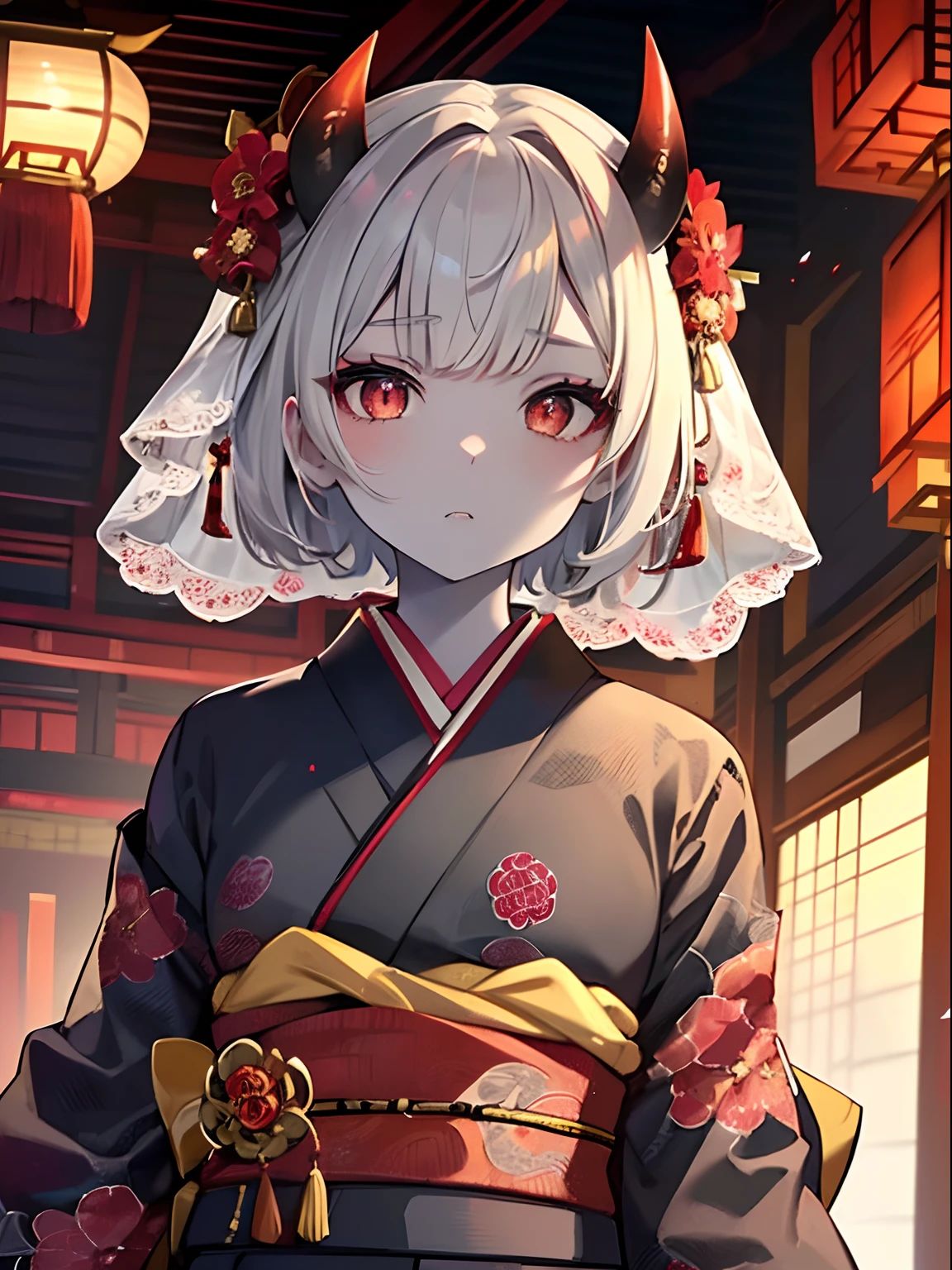 (masterpiece,best quality,ultra-detailed),1girl,short hair, Brown hair,(oni girl 👹,oni horns 👹),(((wedding kimono))),(colored skin,pale red skin),beautiful and detailed face, detailed eyes ,(grey theme),