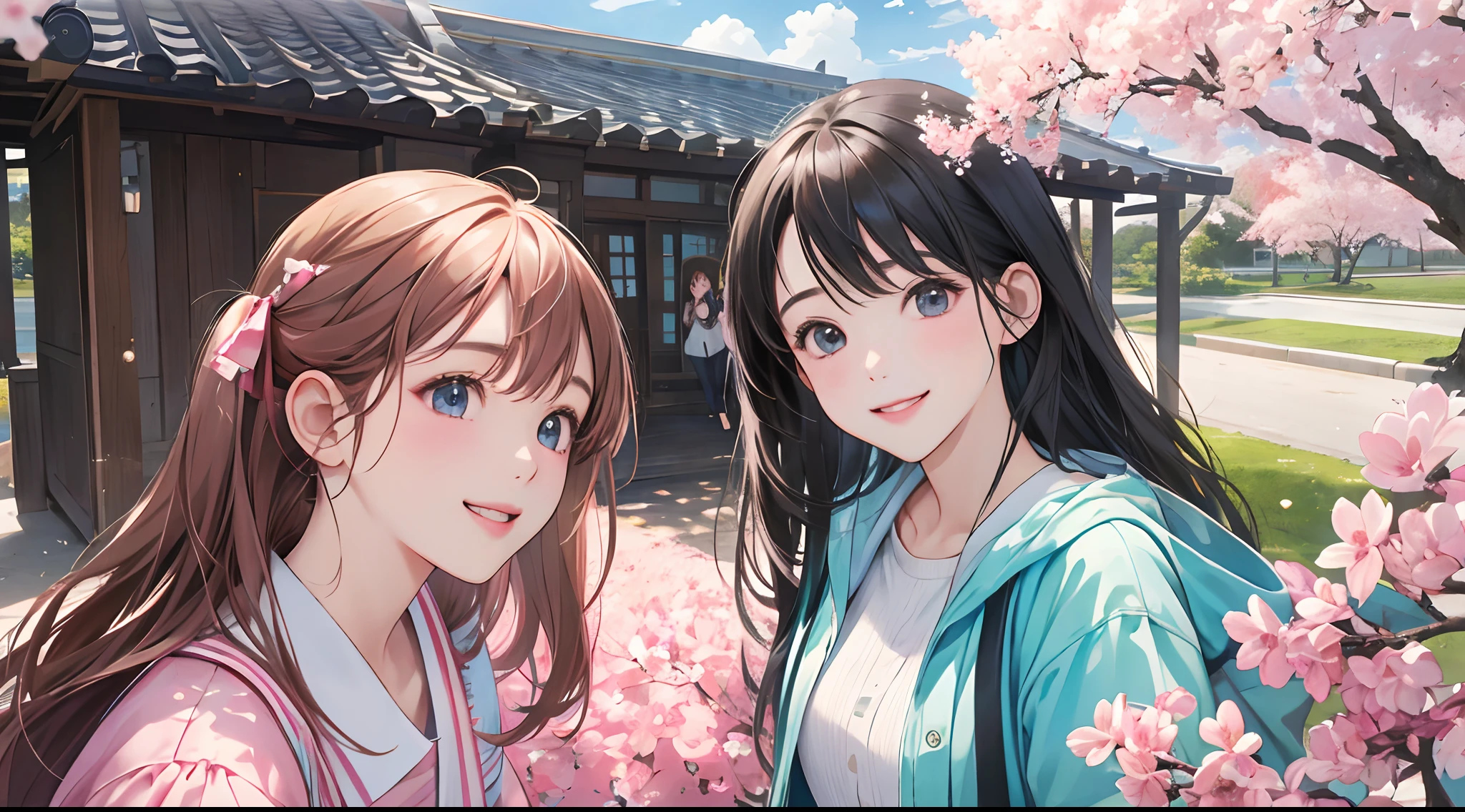 Realistic、3 girls、selfee、Face Extra Large Zoom、outside of house、cherry trees、in group photograph、Face enhancement、Smile、From the top、Camera AnglesLooking Up、View here、