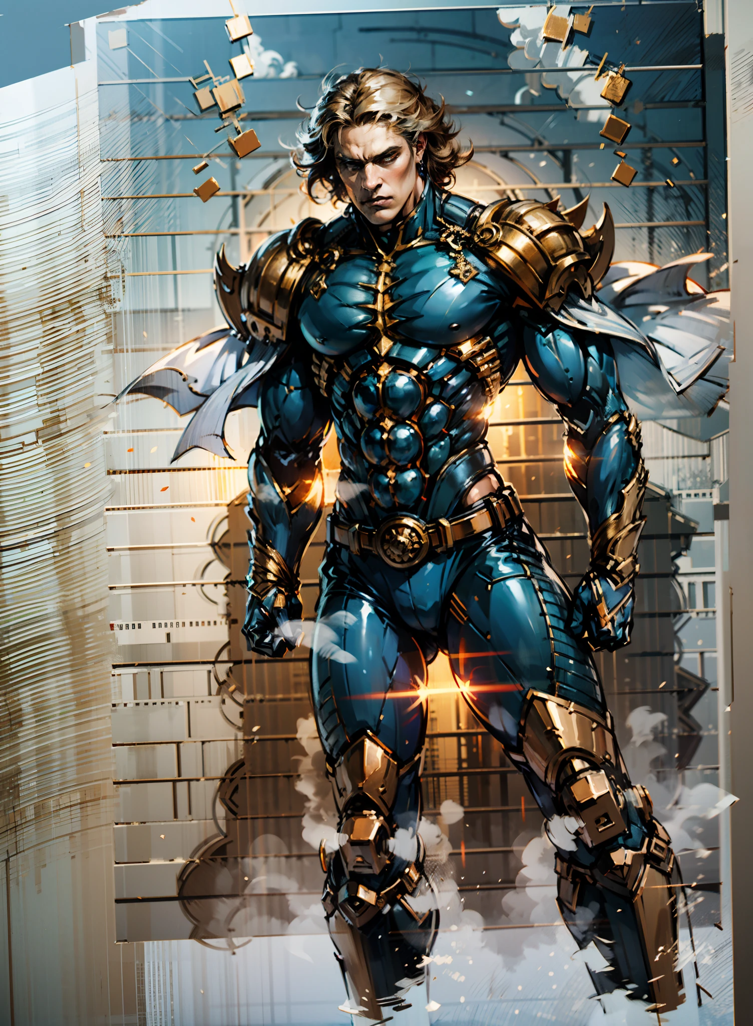 A middle-aged man with short golden hair, thick and tousled hair, a stern look, sharp eyes, well-defined facial features, a strong physique, he wears a short cape that flutters in the wind, a tight-fitting fantasy-style outfit, primarily in shades of blue-purple, accented by touches of orange-red and white, a gold belt with red jewels, matching trousers, the backdrop of a raging sea battle scene, a scene of intense naval warfare unfolds, this character embodies a finely crafted fantasy-style formidable maritime overlord in anime style, characterized by an exquisite and mature manga illustration art style, high definition, best quality, highres, ultra-detailed, ultra-fine painting, extremely delicate, professional, anatomically correct, symmetrical face, extremely detailed eyes and face, high quality eyes, creativity, RAW photo, UHD, 8k, Natural light, cinematic lighting, masterpiece:1.5