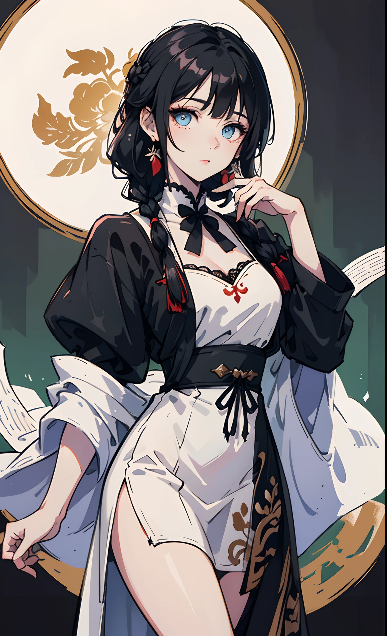 Hyuuga Hinata, photographed on a Nikon Z7 II Mirrorless Camera,120mm F/4 wide-angle
girl02, 1girl, solo, long hair, looking at viewer, black hair, long sleeves, braid
a woman wearing a white dress and a black braid with a blue and red pattern on it's neck, Chen Lu, art nouveau fashion embroidered, a character portrait, aestheticism
best quality, masterpiece, ultra detailed, cowboy shot, flowing, 3dmm, ink sketch, color ink, ink rendering, octane render, pastels, rice paper, 1girl, beautiful detailed eyes, (alternate hairstyle), ultra detailed hair, graceful, (charming), (delicate), pretty, cute, lace dress, character in the center of the frame, rhythm, fantasy, looking at viewer,