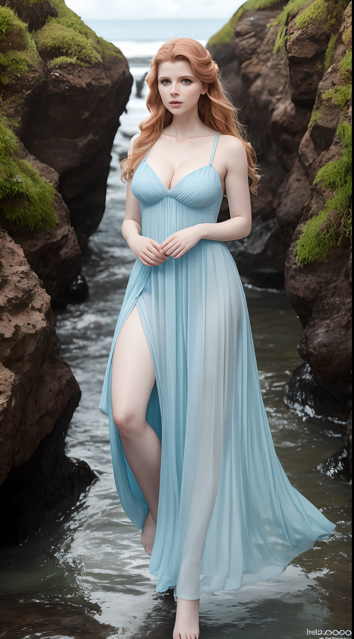 Rachel Hurd-Wood as a beautiful pale woman in a long light blue dress ( No Straps ) com longas fendas laterais, coxas expostas, Tecido transparente, estilo grego, cabelos loiro claro, cabelo soltos ao vento, facial expression of tenderness, look-at-camera, Beautiful face looking at the camera, body curvy, transparency, Romantismo, Ilha deserta, cachoeira, imagem 64k