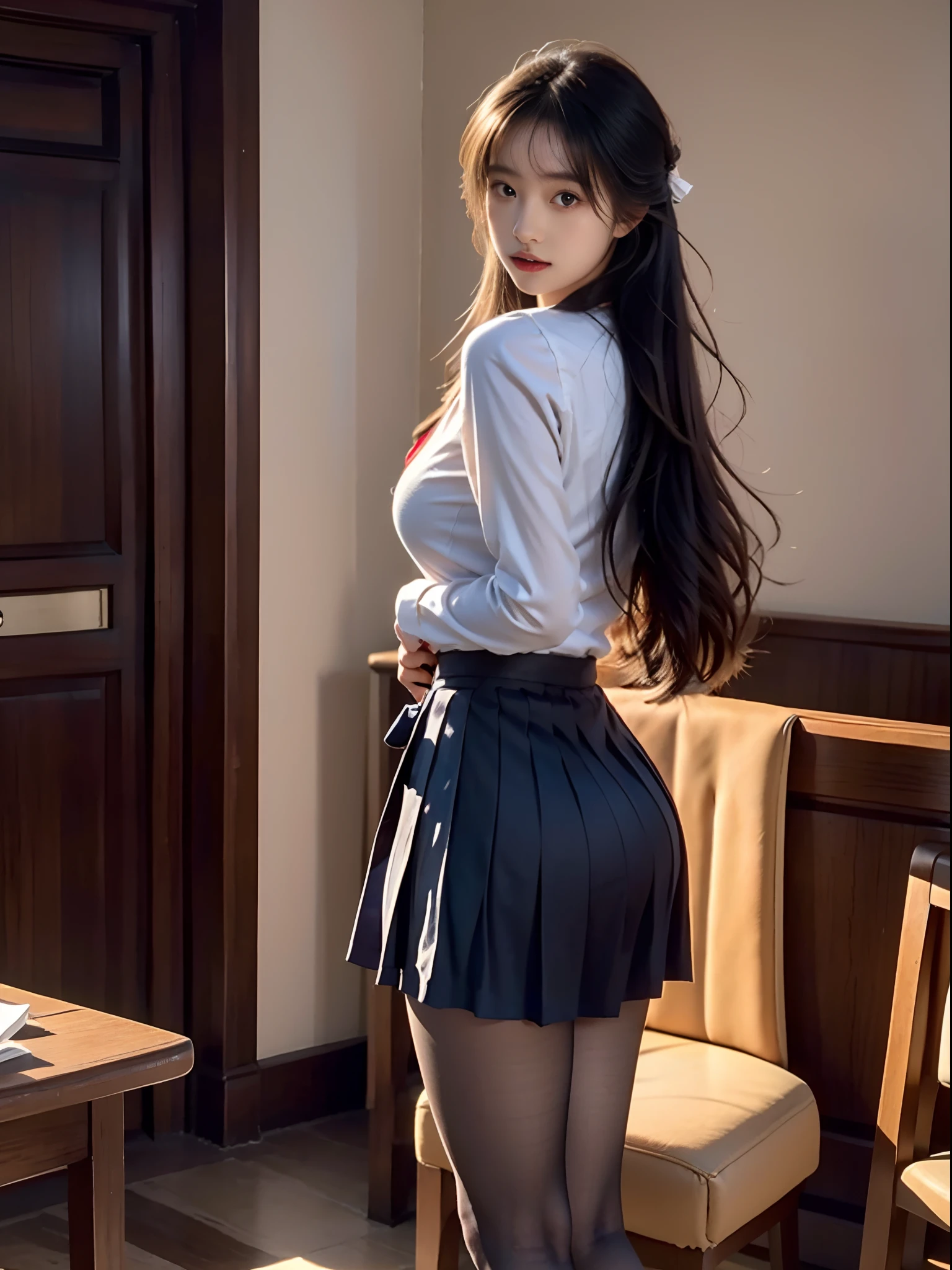 Alafed image of woman wearing skirt and knee-high socks, a hyperrealistic schoolgirl, brown hair and a perfect body, a hyperrealistic schoolgirl, Sexy Girl, lit from behind, School Girl, alena aenami and lilia alvarado, Realistic Schoolgirl, alena aenami and artgerm, demi rose, portrait demi rose