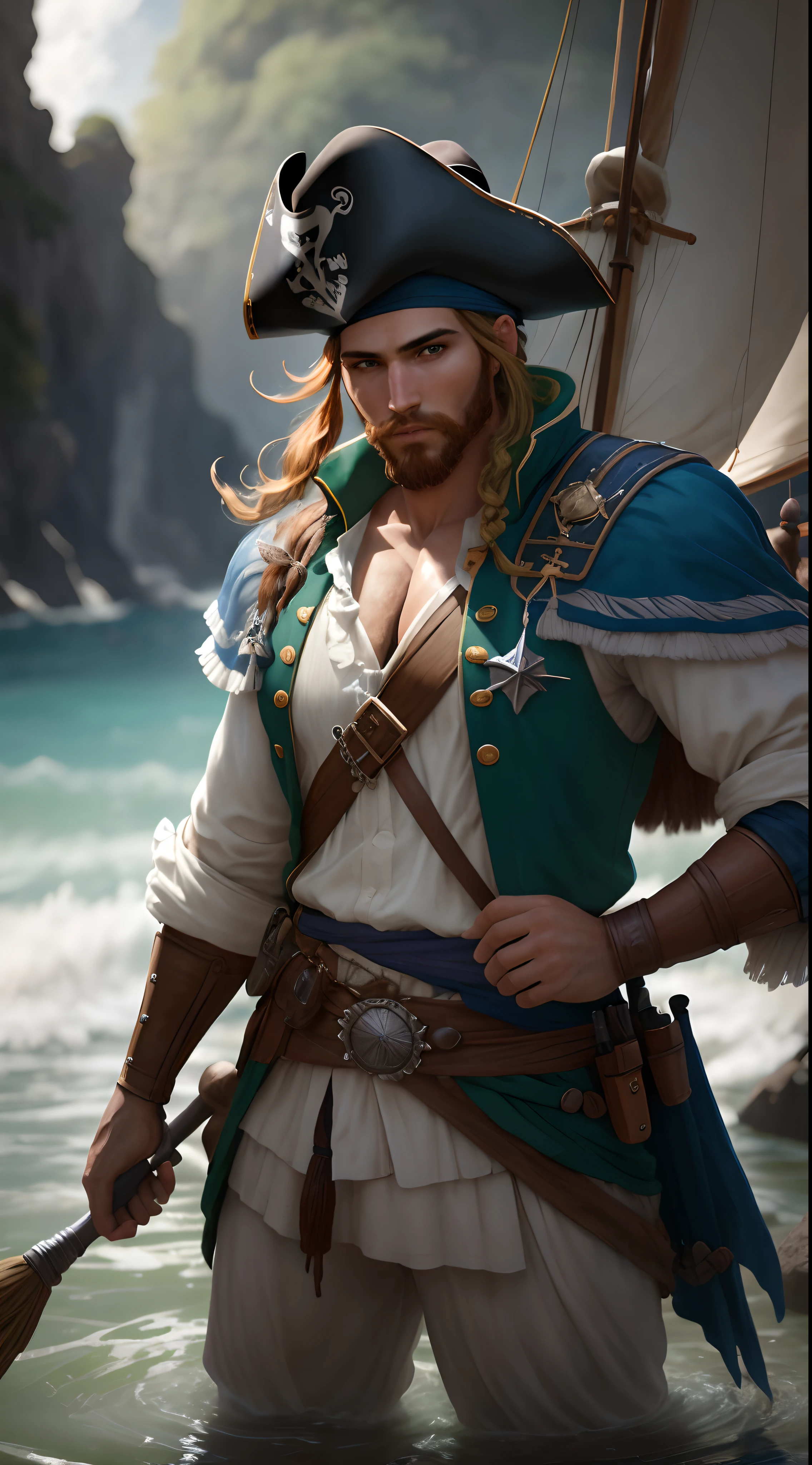 homem pirata, cabelo ruivo, barba ruiva, olhos verdes, roupa pirata azul bonita, fotografia, soft-lighting, detalhes suaves, octana, Artstation Trend, ultra alto detalhe, Ultra realista, cinemactic, 16k, magical effects of water