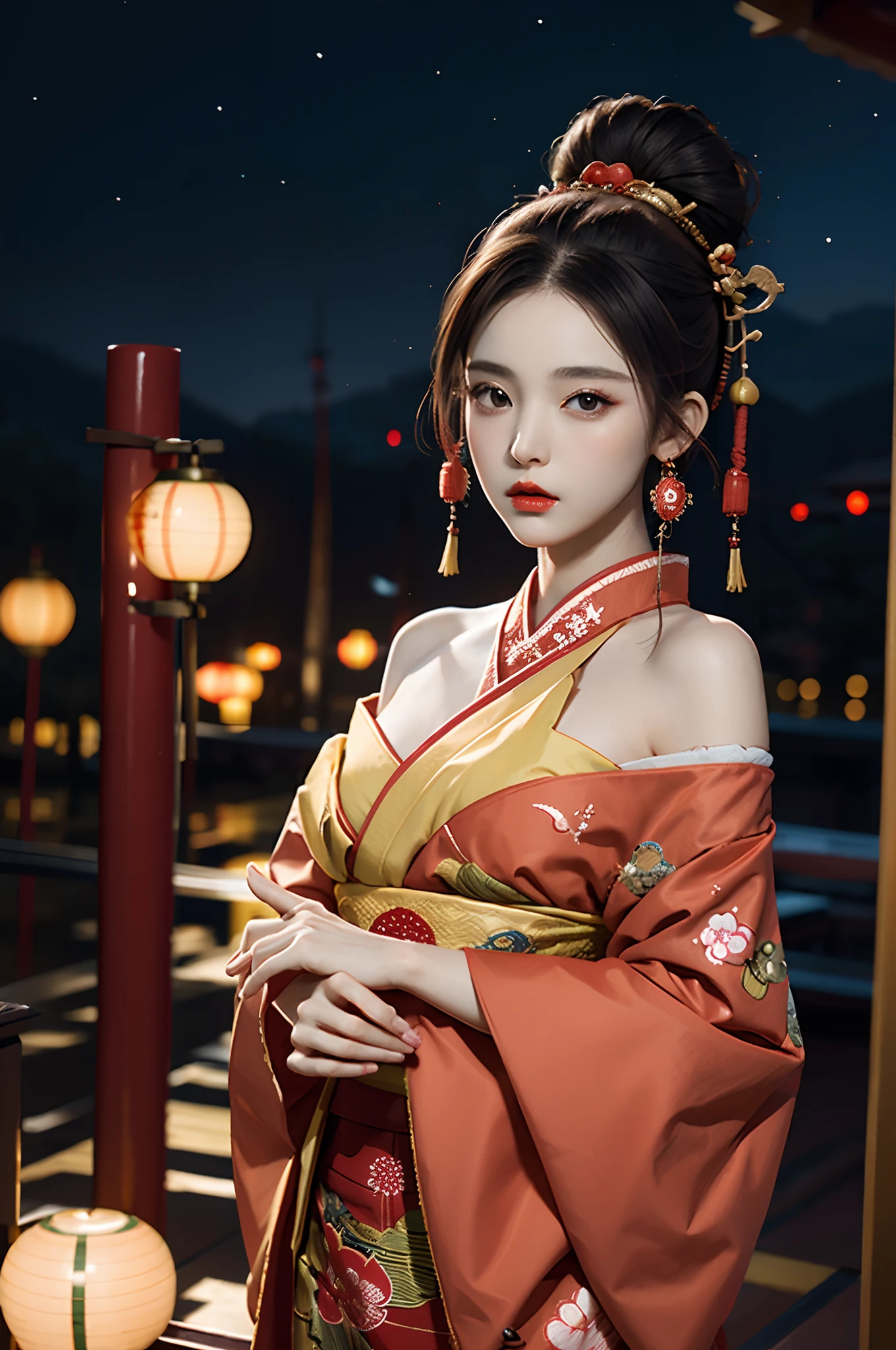 1girl,single hairbun,oiran hair ornament,oiran hairsticks,(looking at viewer),  (bokeh:1.1), parted lips,expressionless, realistic, meditation,starry sky,night, qipao,
pants, skyline,
realistic, llfGulnazarV2