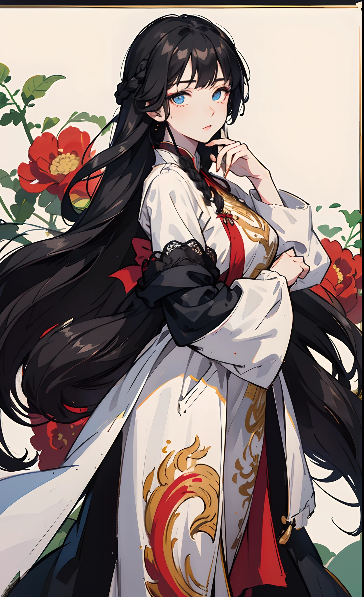 Hyuuga Hinata, photographed on a Nikon Z7 II Mirrorless Camera,120mm F/4 wide-angle
girl02, 1girl, solo, long hair, looking at viewer, black hair, long sleeves, braid
a woman wearing a white dress and a black braid with a blue and red pattern on it's neck, Chen Lu, art nouveau fashion embroidered, a character portrait, aestheticism
best quality, masterpiece, ultra detailed, cowboy shot, flowing, 3dmm, ink sketch, color ink, ink rendering, octane render, pastels, rice paper, 1girl, beautiful detailed eyes, (alternate hairstyle), ultra detailed hair, graceful, (charming), (delicate), pretty, cute, lace dress, character in the center of the frame, rhythm, fantasy, looking at viewer,
