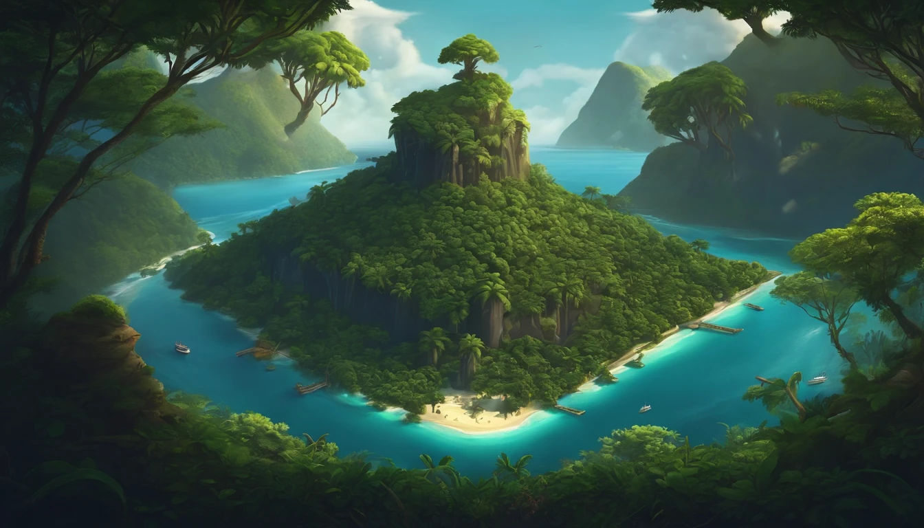 In the middle of the sea in the distance there is a jungle dream island, Dark paint map, Matte painting of the island, Isometric illustration art, highlydetailedillustrations, High quality detail art, an isometric fantasy map