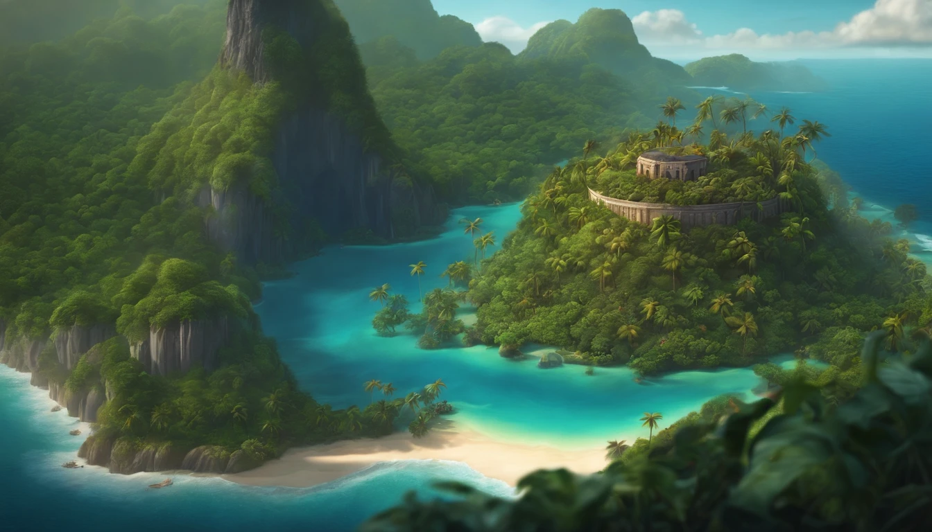 In the middle of the sea in the distance there is a jungle dream island, Dark paint map, Matte painting of the island, Isometric illustration art, highlydetailedillustrations, High quality detail art, an isometric fantasy map