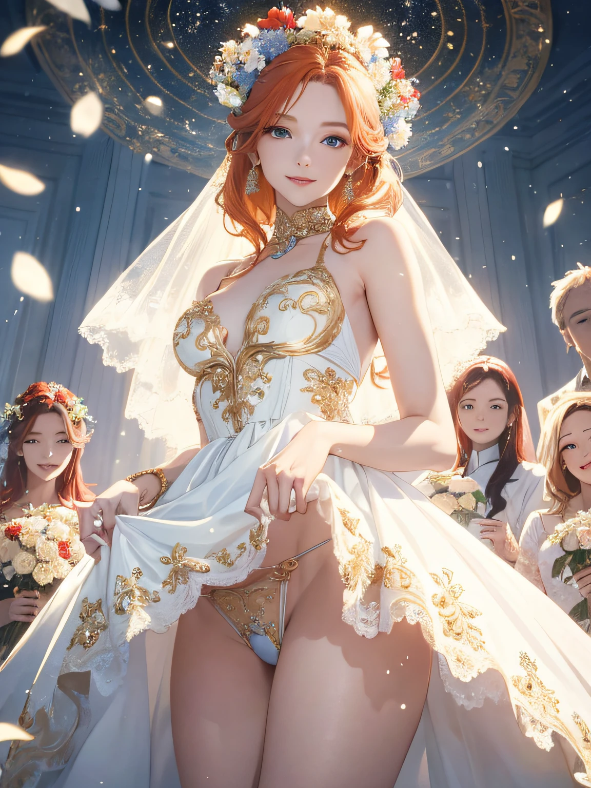 masterpiece, best quality, photograph, beautiful woman standing in the middle wearing a gold and white wedding dress, red hair, beautiful eyes, eyes blue, smile, in hand holding rainbow flowers, snowing, Korea, (woman in her 25s) , realistic, 8k, (dress lift:1.3), (thong:1.1), blonde hair