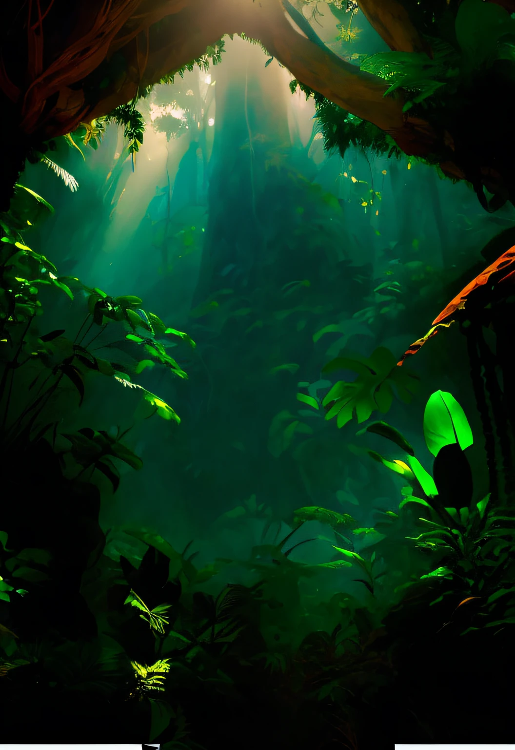 There is an image of a jungle scene with a ray of sunshine, selva profunda de outro mundo, Ambiente Art Nouveau Jungle, ambiente de selva coberta, ambiente da selva, ambiente profundo, textura da selva profunda, Inside an alien jungle, pintura misteriosa da selva, an alien jungle, motor irrealpintura digital, selva de fantasia, pintura de ambientes, selva profunda, 8k resolution digital painting