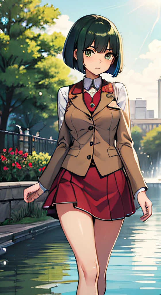 ((Masterpiece)),((top-quality)),(((Red Blazer:1.3))),(((Red vest:1.3))),(((Beige skirt:1.3))),((flat udder)),((Slim thighs)), ((A short silky bob that falls straight to shoulder length:1.3)), (big dark green eyes), (High detail eyes), ((short hair towards the back of the head:1.3)),Dissatisfied look,Blushing with embarrassment, (Dark green hair), White shirt with long sleeves, Blue tie, Loafer Shoes, High school students,Tall,Soft skin. uniform, Teen Girl, Park with fountains, Dating,( Colorful splashes) ,colorful bubble, Floating Droplets, Perspective, Overhead configuration, Floating droplet lens flare, Fine Features, Perfect Anatomy Tommy, Centered, Perfect distance, Highly detailed, with an intricate, acurate, Highly detailed rich colors, taming, Rich colors, acurate, clean, Rich colors, elaborate details, golden ratio illustrations