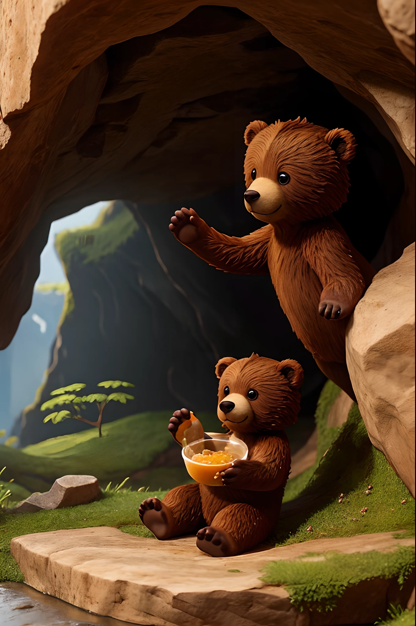 A cave , à cute brown  bear inside eating honey with his paw. Very beautiful details