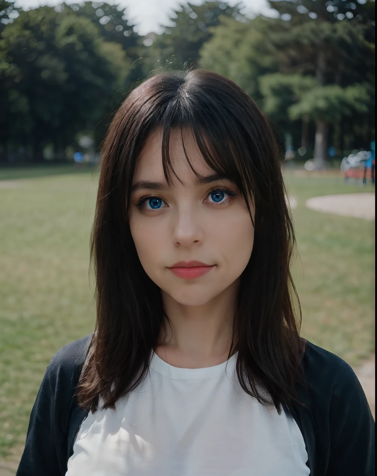 Cute pictures of Jortega in exercise, Solo, Blue eyes, blue eyess、Very long hairstyle in black, Big breasts, Facing Camera, a park, Photo Shot, Shot with Panavision Panaflex Platinum camera equipped with Panavision Primo Prime spherical lens 75mm T1.9