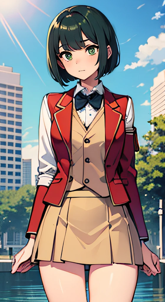 ((Masterpiece)),((top-quality)),(((Red Blazer:1.3))),(((Red vest:1.3))),(((Beige skirt:1.3))),((flat udder)),((Slim thighs)), ((A short silky bob that falls straight to shoulder length:1.3)), (big dark green eyes), (High detail eyes), ((short hair towards the back of the head:1.3)),Dissatisfied look,Blushing with embarrassment, (Dark green hair), White shirt with long sleeves, Blue tie, Loafer Shoes, High school students,Tall,Soft skin. uniform, Teen Girl, Park with fountains, Dating,( Colorful splashes) ,colorful bubble, Floating Droplets, Perspective, Overhead configuration, Floating droplet lens flare, Fine Features, Perfect Anatomy Tommy, Centered, Perfect distance, Highly detailed, with an intricate, acurate, Highly detailed rich colors, taming, Rich colors, acurate, clean, Rich colors, elaborate details, golden ratio illustrations