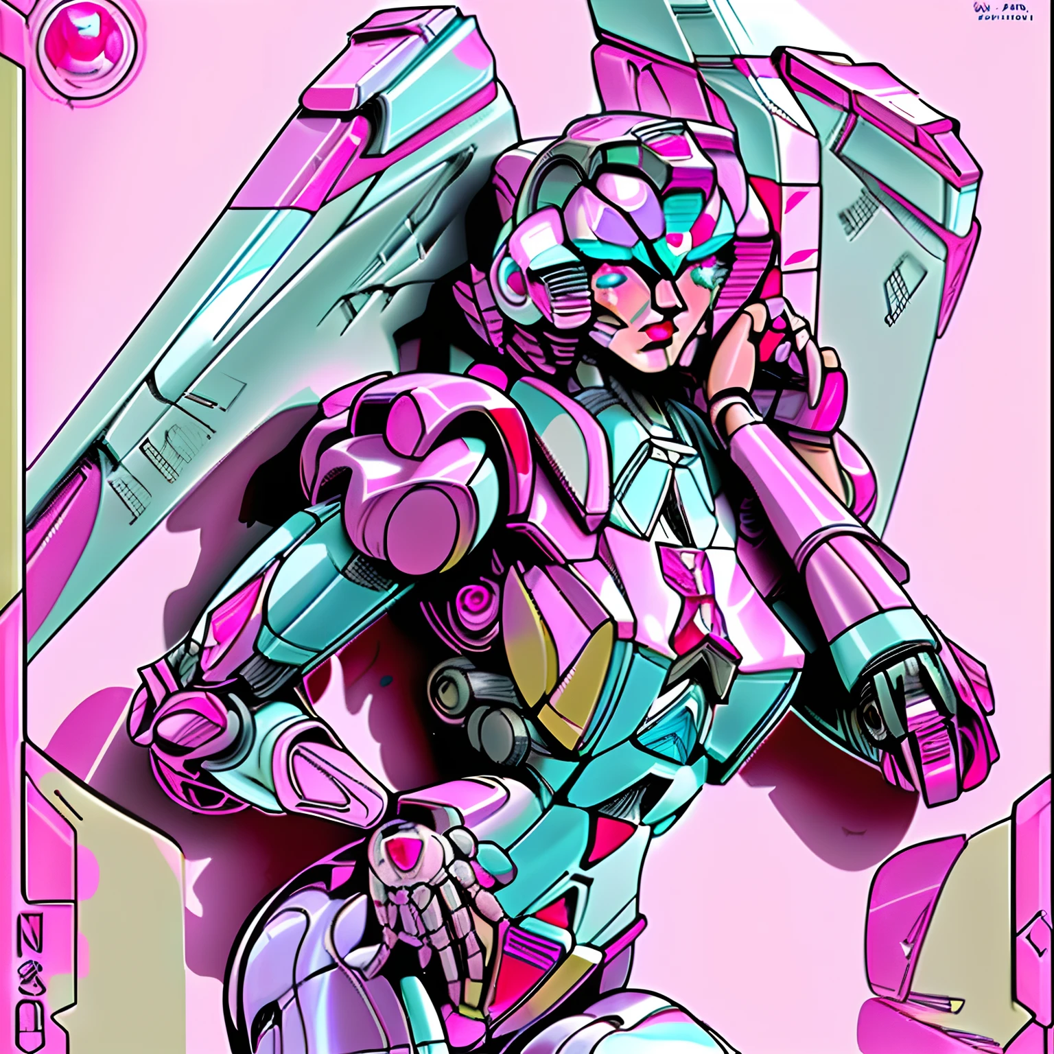 Transformers Arcee, robotic face, pink white armor,pin up art style,