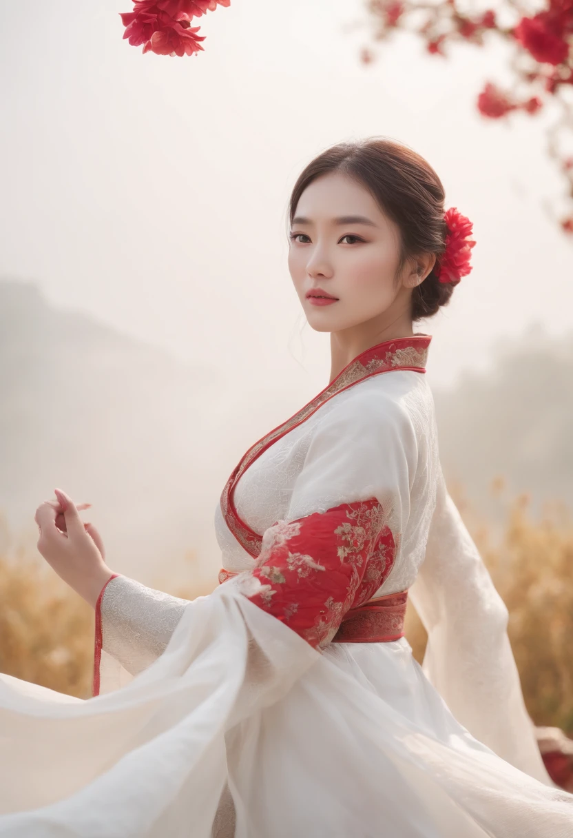 zhongfenghua, 1girll, Tik, Hanfu, Antique_China_architecture, flower field, Floral, (White smoke:1.3) (photorealistic portrait:1.4), zentangle, mandalas, entangle, offcial art, Unity 8k壁纸, Hyper-detailing, Beautiful and beautiful, Masterpiece,best qualtiy, (dynamic angle:1.4), glistning skin, (Colorful sparks float:1) The most beautiful forms of chaos, elegant, Fauvistdesign, vivd colour, Exotic romance, Depth of field._Dance, Red flowers