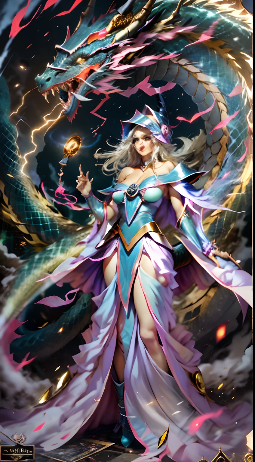 The White Dragon rose into the air(Dark Mage manipulates the dragon:1.3),(The dark wizard girl is in front of the camera:1.3),Las nubes del cielo rodean los alrededores,magia de luz,fantastic background,Significado de fondo,Ridiculous background,There are artistic overlays,cabello rubio, surrealismo, cinematic lighting, Trazado de rayos, Luz de Dios, Speed Line, view angle, hiper HD, obra maestra, La mejor calidad, Super detail, A high resolution, alta calidad,(vista lejana:1.3)Dark Wizard Dragon Magic