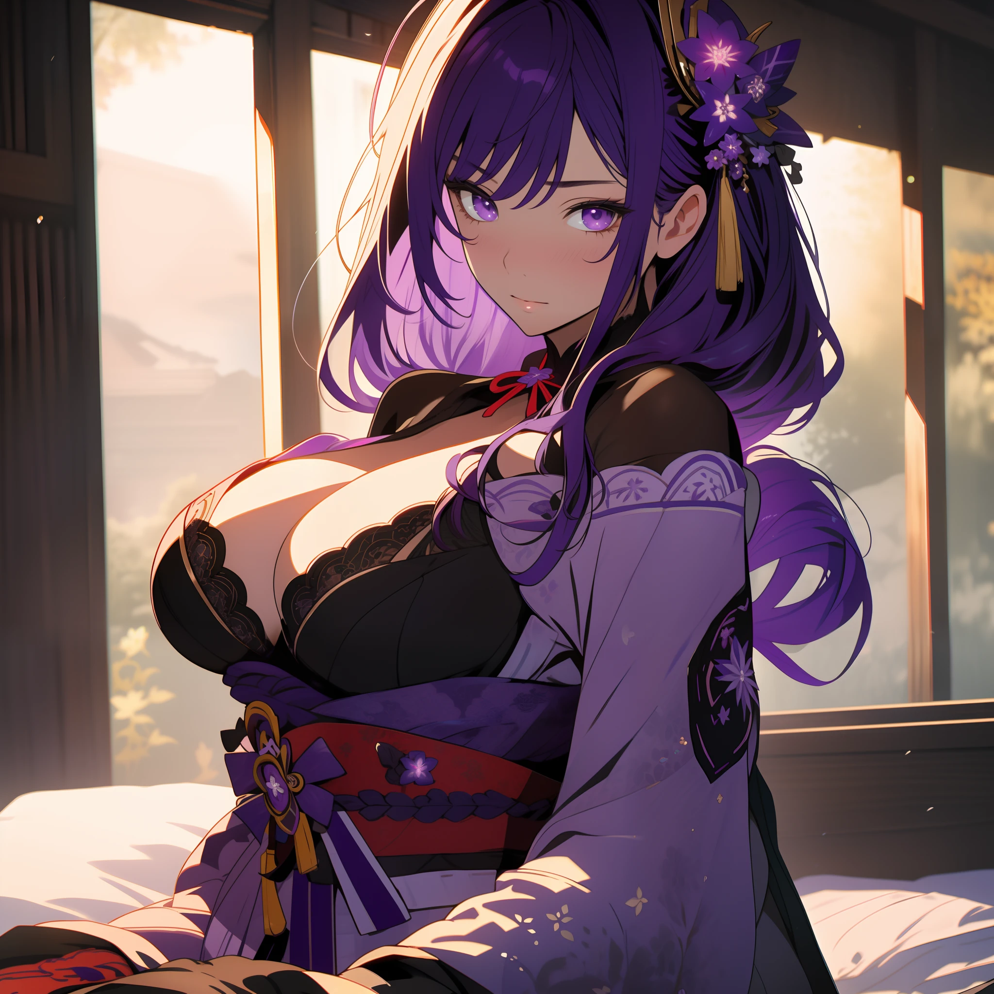 Masterpiece, best quality, super detailed, illustration, beautiful detailed eyes, ((far view, wide angle 1.31)), on the outside, a woman,
raidenshogundef
raidenshogunrnd, intricate designed purple lace bra, purple and black lace intricate pantyhose, hair ornament, long purple hair, purple eyes, sexy, facing face, big breasts, cleavage, big breasts, blushing, masturbation, lying, lie on bed, flowers, Grab your own breasts, underboob, visible bellybutton,