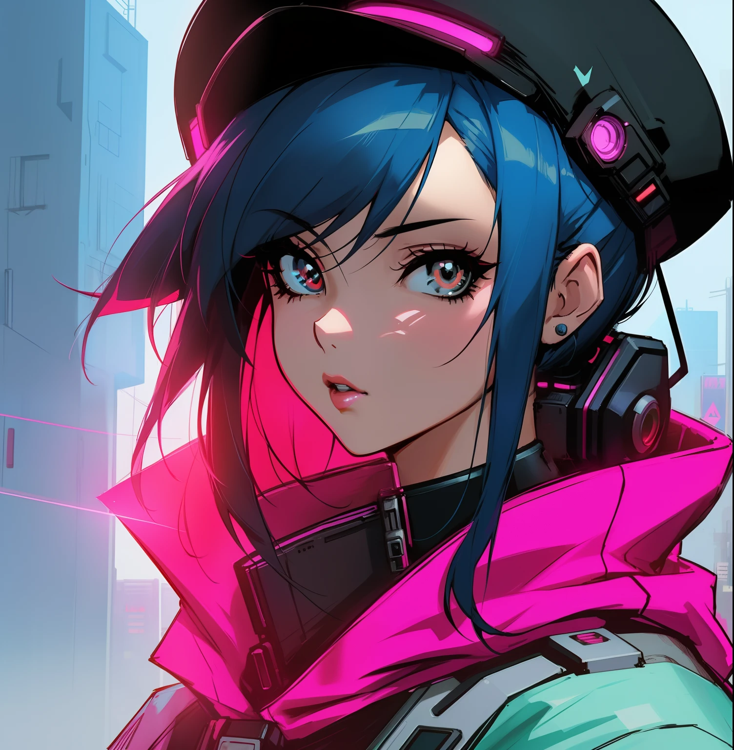 A closeup of a person with a hat in a city, arte digital do anime cyberpunk, Digital Cyberpunk - Arte de Anime, Estilo anime 4K, Arte de anime cyberpunk, Ross Tran 8 K, Art not Guweiz style, garota anime cyberpunk, Arte de anime cyberpunk, Estilo de arte cyberpunk, portrait anime space cadet girl, rossdraw desenho animado vibrante